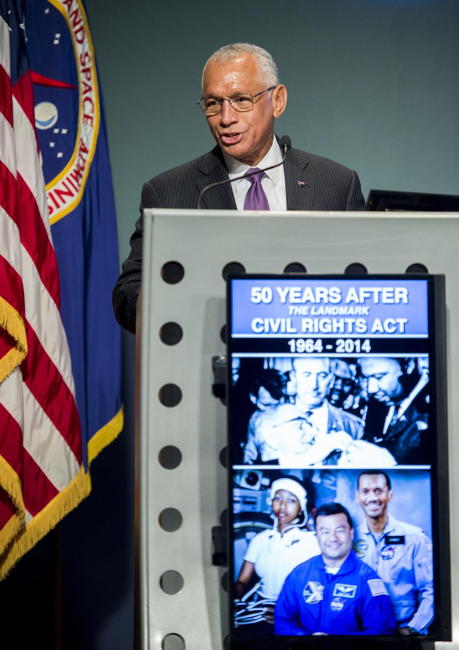 NASA Administrator Charles Bolden speaks at an event celebrating the 50th Anniversary of the Civil Rights Act of 1964 on Monday, June 23, 2014 in the James E. Webb Auditorium at NASA Headquarters in Washington, DC. Administrator Bolden provided the opening remarks at the event and a tribute to the NASA civil rights team as the agency highlights the influence of the Civil Rights Act of 1964.   Photo Credit: (NASA/Joel Kowsky)