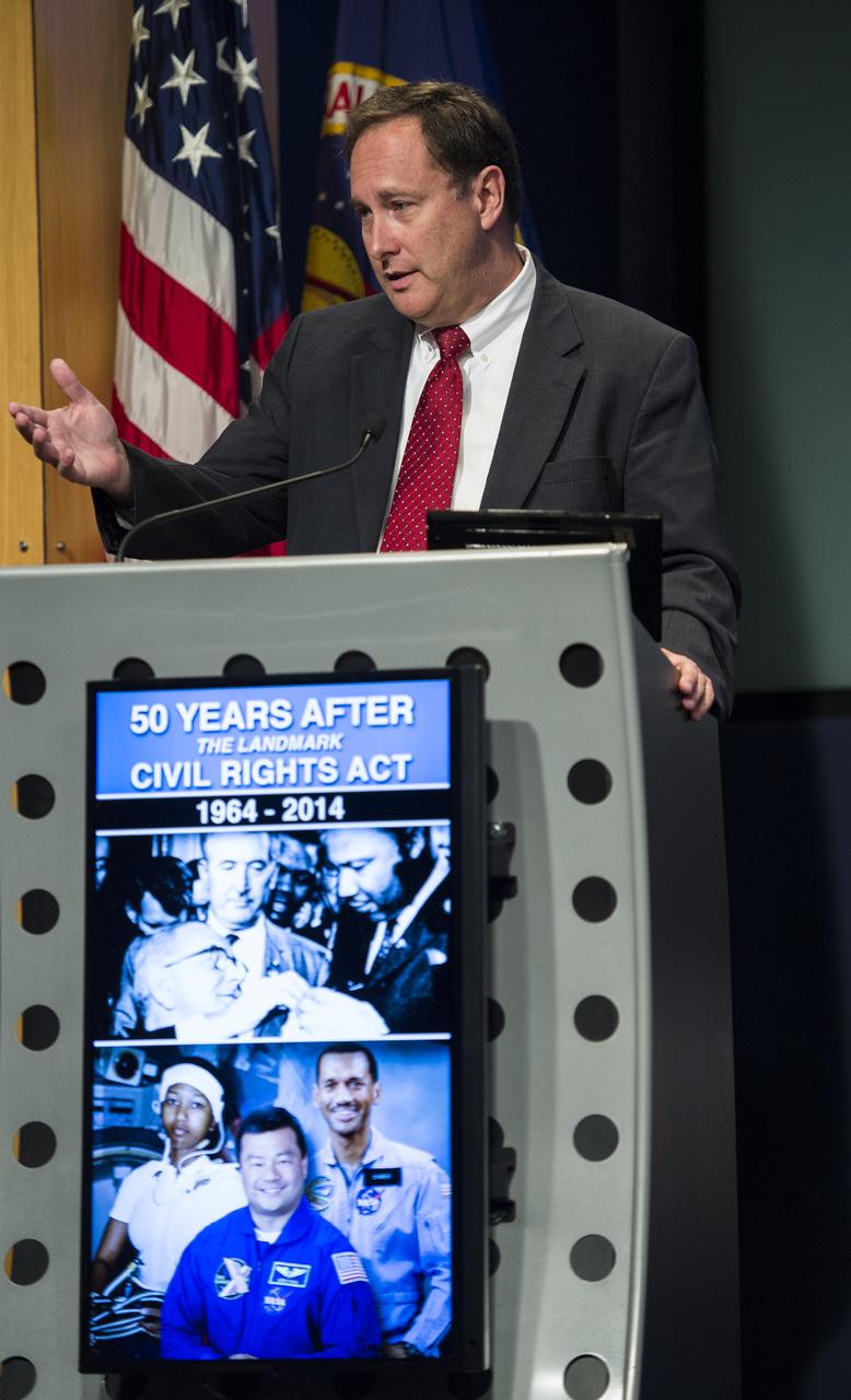 NASA Associate Administrator Robert Lightfoot delivers closing remarks at an event celebrating the 50th Anniversary of the Civil Rights Act of 1964 on Monday, June 23, 2014 in the James E. Webb Auditorium at NASA Headquarters in Washington, DC. The event highlighted the influence of the Civil Rights Act on NASA. Photo Credit: (NASA/Joel Kowsky)