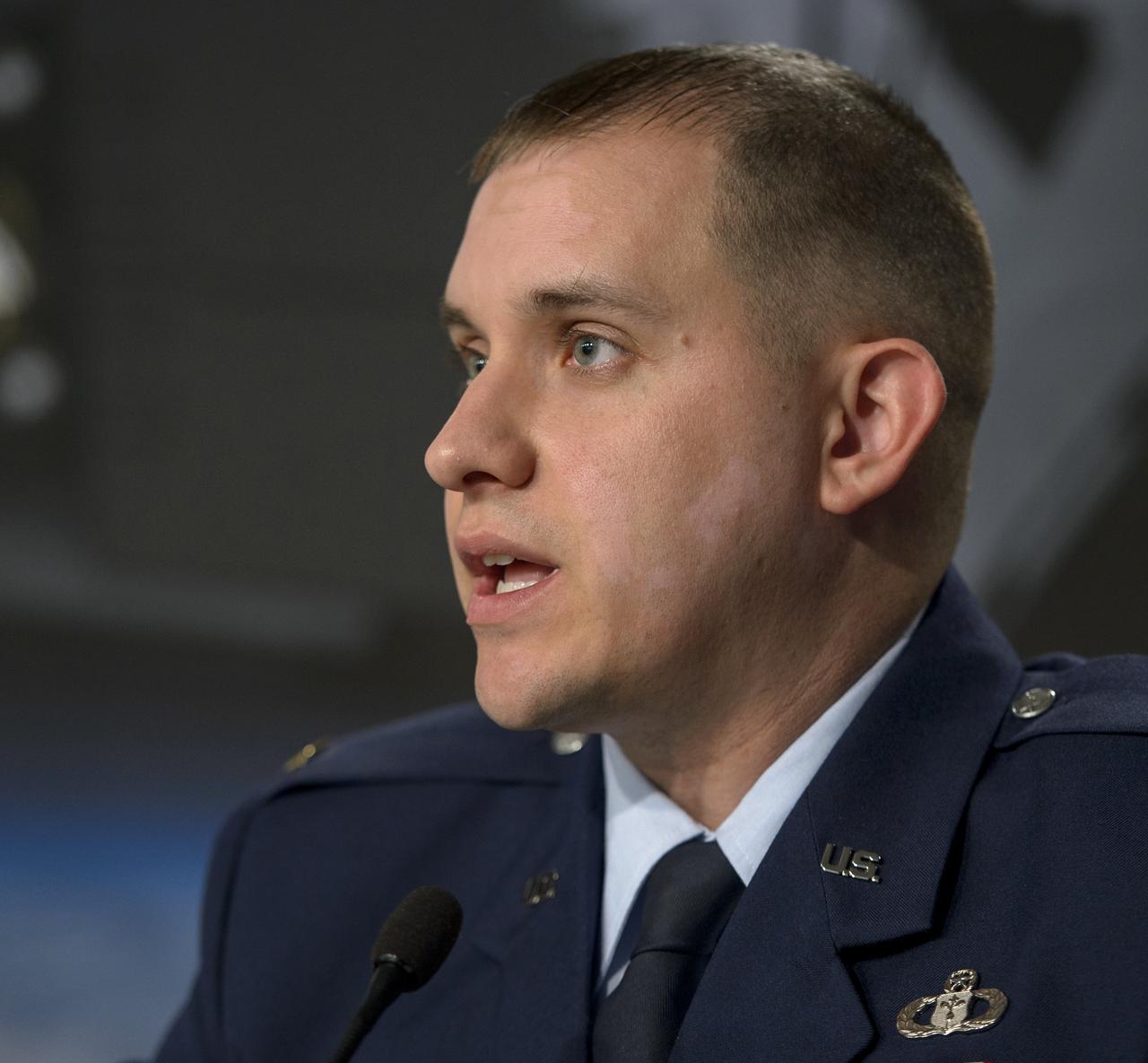Lt. Joseph Round, launch weather officer, USAF 30th Space Wing Weather Squadron, discusses the weather forecast for launch of NASA’s Orbiting Carbon Observatory-2 (OCO-2) onboard a ULA Delta II rocket, during a press briefing, Sunday, June 29, 2014, at the Vandenberg Air Force Base, Calif. OCO-2 will measure the global distribution of carbon dioxide, the leading human-produced greenhouse gas driving changes in Earth’s climate. OCO-2 is set to launch on July 1, 2014 at 2:59 a.m. PDT. Photo Credit: (NASA/Bill Ingalls)
