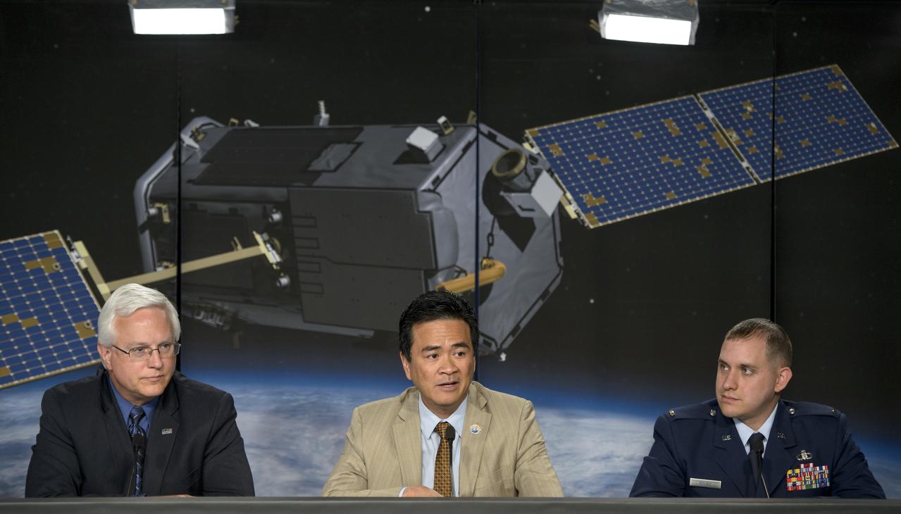 Vern Thorp, United Launch Alliance program manager, NASA missions,, left, Ralph Basilio, OCO-2 project manager, JPL, and Lt. Joseph Round, launch weather officer, USAF 30th Space Wing Weather Squadron, right, discuss the planned launch of the Orbiting Carbon Observatory-2 (OCO-2), NASA’s first spacecraft dedicated to studying carbon dioxide, during a press briefing, Sunday, June 29, 2014, at the Vandenberg Air Force Base, Calif. OCO-2 will measure the global distribution of carbon dioxide, the leading human-produced greenhouse gas driving changes in Earth’s climate. OCO-2 is set to launch on July 1, 2014 at 2:59 a.m. PDT. Photo Credit: (NASA/Bill Ingalls)