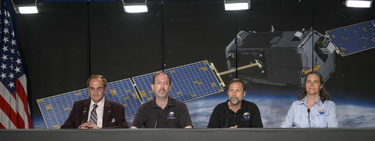 From left, NASA Kennedy Space Center Public Affairs Officer George Diller, Ken Jucks, OCO-2 program scientist, NASA Headquarters, Dave Crisp, OCO-2 science team leader, JPL, and Annmarie Eldering, OCO-2 deputy project scientist, JPL, give a science briefing ahead of the planned launch of the Orbiting Carbon Observatory-2 (OCO-2), Sunday, June 29, 2014, Vandenberg Air Force Base, Calif. OCO-2 will measure the global distribution of carbon dioxide, the leading human-produced greenhouse gas driving changes in Earth’s climate. OCO-2 is set to launch on July 1, 2014 at 2:59 a.m. PDT. Photo Credit: (NASA/Bill Ingalls)