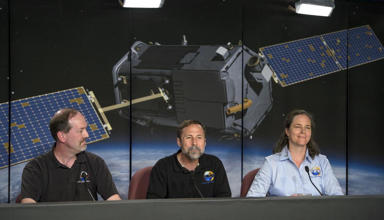 Ken Jucks, OCO-2 program scientist, NASA Headquarters, left, Dave Crisp, OCO-2 science team leader, JPL, and Annmarie Eldering, OCO-2 deputy project scientist, JPL, right, give a science briefing ahead of the planned launch of the Orbiting Carbon Observatory-2 (OCO-2), Sunday, June 29, 2014, Vandenberg Air Force Base, Calif. OCO-2 will measure the global distribution of carbon dioxide, the leading human-produced greenhouse gas driving changes in Earth’s climate. OCO-2 is set to launch on July 1, 2014 at 2:59 a.m. PDT. Photo Credit: (NASA/Bill Ingalls)