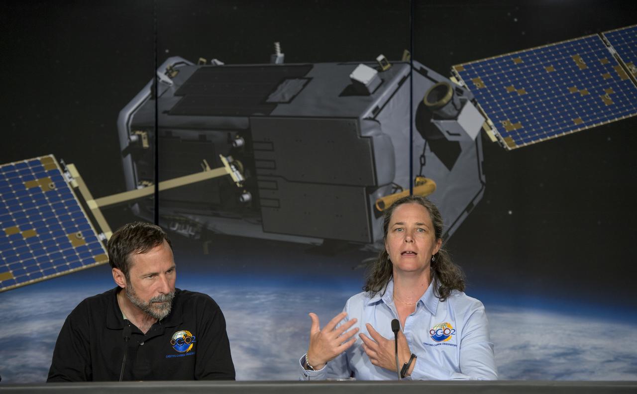 Dave Crisp, OCO-2 science team leader, JPL, left, and Annmarie Eldering, OCO-2 deputy project scientist, JPL, are seen during a science briefing ahead of the planned launch of the Orbiting Carbon Observatory-2 (OCO-2), Sunday, June 29, 2014, Vandenberg Air Force Base, Calif. OCO-2 will measure the global distribution of carbon dioxide, the leading human-produced greenhouse gas driving changes in Earth’s climate. OCO-2 is set to launch on July 1, 2014 at 2:59 a.m. PDT. Photo Credit: (NASA/Bill Ingalls)
