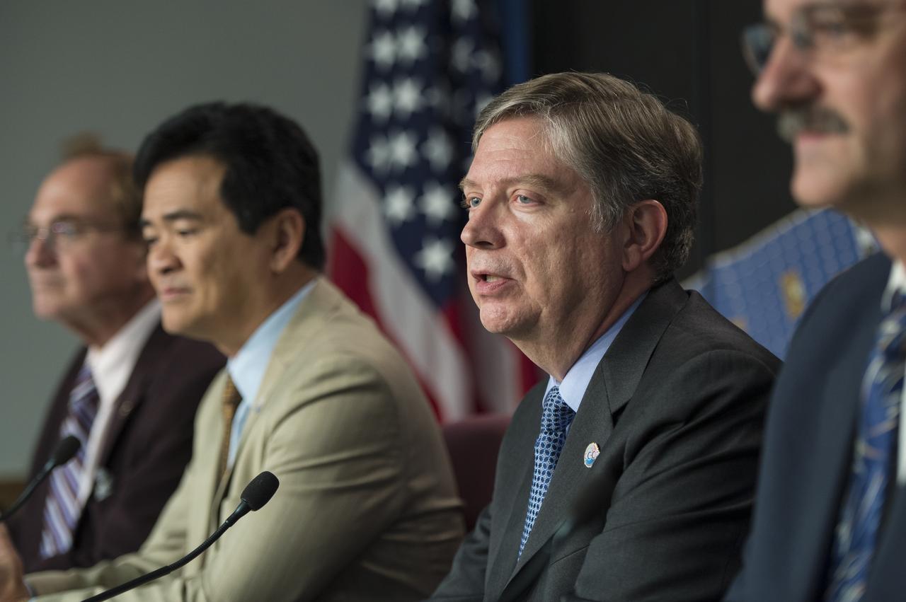 Mike Miller, senior vice president, Science and Environmental Satellite Programs, Orbital Sciences Space Systems Group, discusses the successful launch of the Orbiting Carbon Observatory-2 (OCO-2), NASA’s first spacecraft dedicated to studying carbon dioxide, during a press briefing, Wednesday, July 2, 2014, at the Vandenberg Air Force Base, Calif. OCO-2 will measure the global distribution of carbon dioxide, the leading human-produced greenhouse gas driving changes in Earth’s climate. Photo Credit: (NASA/Bill Ingalls)