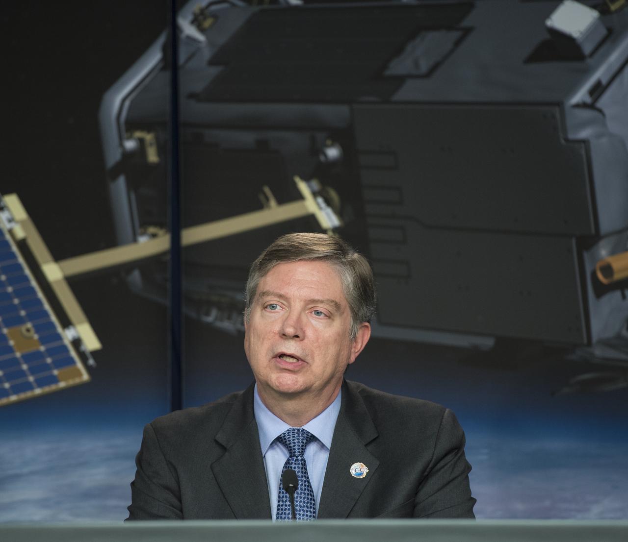 Mike Miller, senior vice president, Science and Environmental Satellite Programs, Orbital Sciences Space Systems Group, discusses the successful launch of the Orbiting Carbon Observatory-2 (OCO-2), NASA’s first spacecraft dedicated to studying carbon dioxide, during a press briefing, Wednesday, July 2, 2014, at the Vandenberg Air Force Base, Calif. OCO-2 will measure the global distribution of carbon dioxide, the leading human-produced greenhouse gas driving changes in Earth’s climate. Photo Credit: (NASA/Bill Ingalls)
