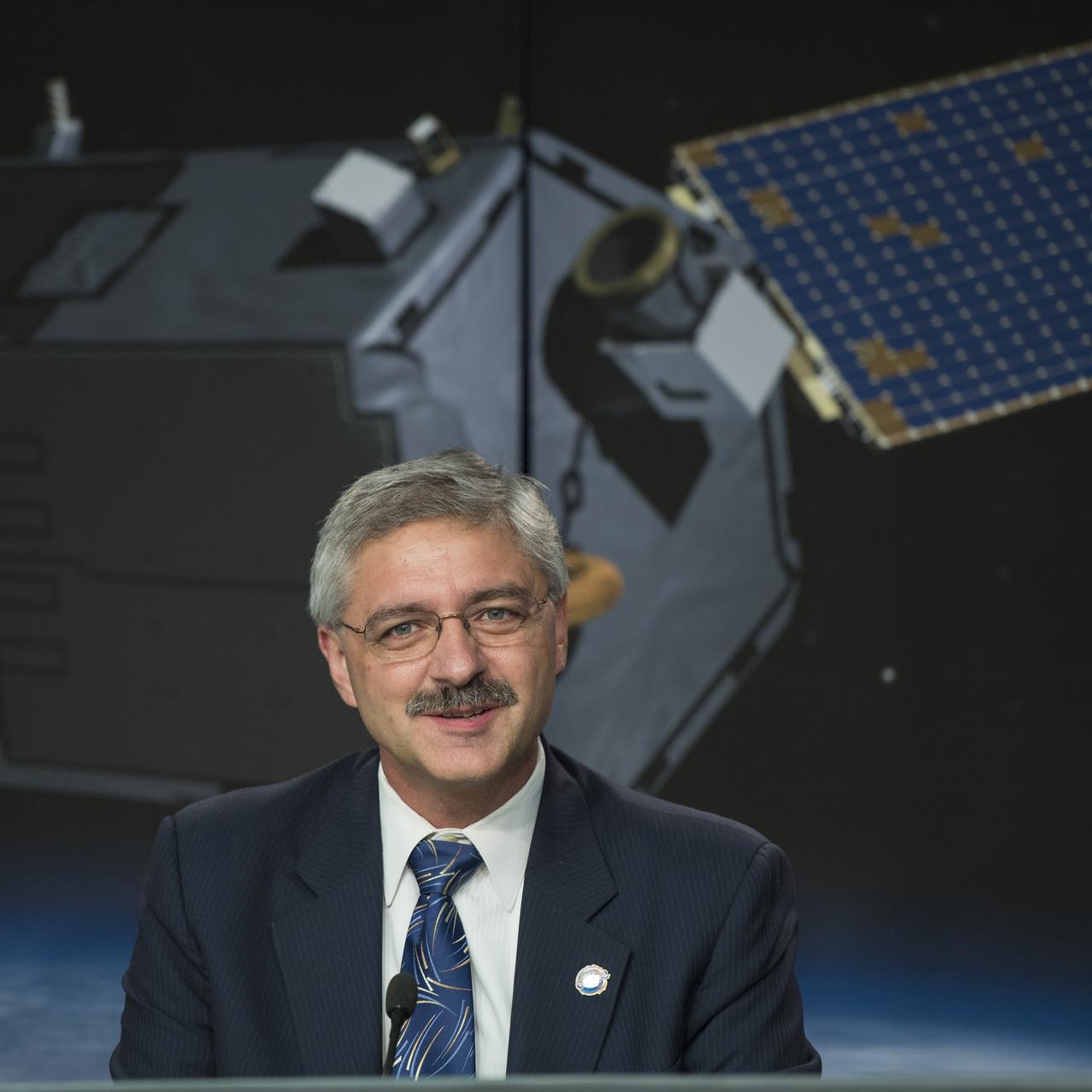 Geoff Yoder, deputy associate administrator for programs, Science Mission Directorate, NASA Headquarters, discusses the successful launch of the Orbiting Carbon Observatory-2 (OCO-2), NASA’s first spacecraft dedicated to studying carbon dioxide, during a press briefing, Wednesday, July 2, 2014, at the Vandenberg Air Force Base, Calif. OCO-2 will measure the global distribution of carbon dioxide, the leading human-produced greenhouse gas driving changes in Earth’s climate. Photo Credit: (NASA/Bill Ingalls)
