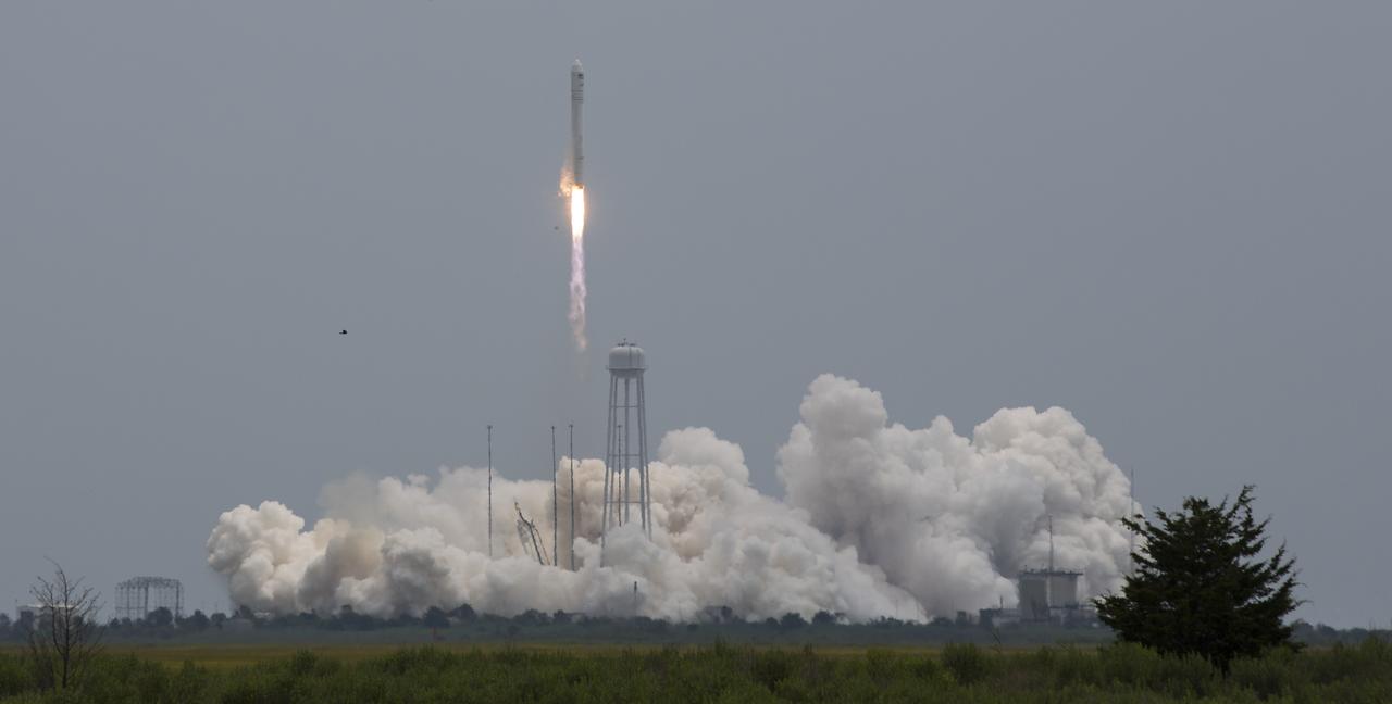 The Orbital Sciences Corporation Antares rocket launches from Pad-0A with the Cygnus spacecraft onboard, Sunday, July 13, 2014 at NASA's Wallops Flight Facility in Virginia. The Cygnus spacecraft is filled with over 3,000 pounds of supplies for the International Space Station, including science experiments, experiment hardware, spare parts, and crew provisions. The Oribital-2 mission is Orbital Sciences' second contracted cargo delivery flight to the space station for NASA. Photo Credit: (NASA/Joel Kowsky)