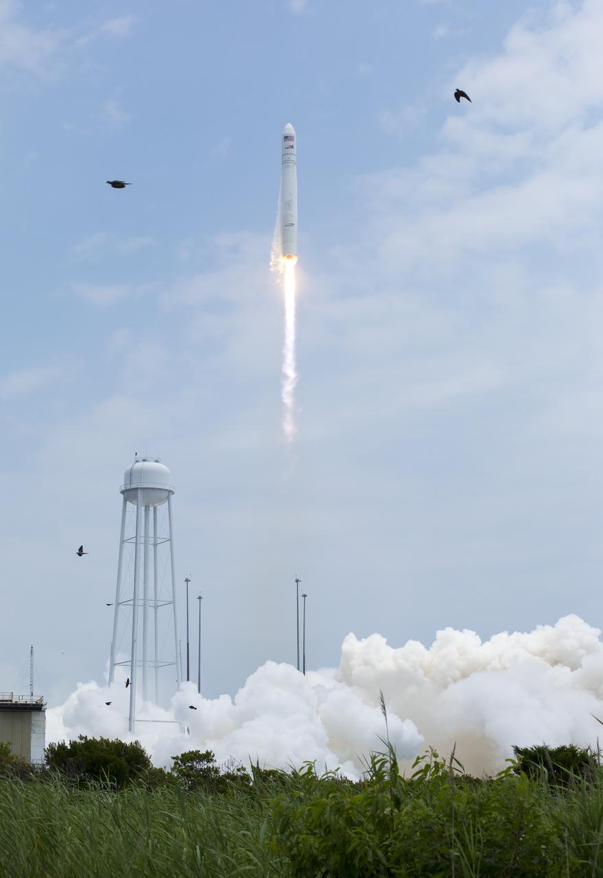 The Orbital Sciences Corporation Antares rocket launches from Pad-0A with the Cygnus spacecraft onboard, Sunday, July 13, 2014, at NASA's Wallops Flight Facility in Virginia. The Cygnus spacecraft is filled with over 3,000 pounds of supplies for the International Space Station, including science experiments, experiment hardware, spare parts, and crew provisions. The Orbital-2 mission is Orbital Sciences' second contracted cargo delivery flight to the space station for NASA. Photo Credit: (NASA/Aubrey Gemignani)