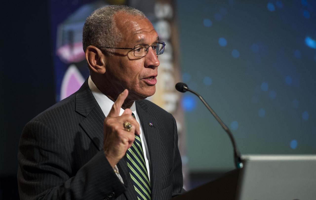 NASA Administrator Charles Bolden delivers opening remarks during a panel discussion on the search for life beyond Earth in the James E. Webb Auditorium at NASA Headquarters on Monday, July 14, 2014 in Washington, DC. The panel discussed how NASA's space-based observatories are making new discoveries and how the agency's new telescope, the James Webb Space Telescope, will continue this path of discovery after its schedule launch in 2018.   Photo Credit: (NASA/Joel Kowsky)