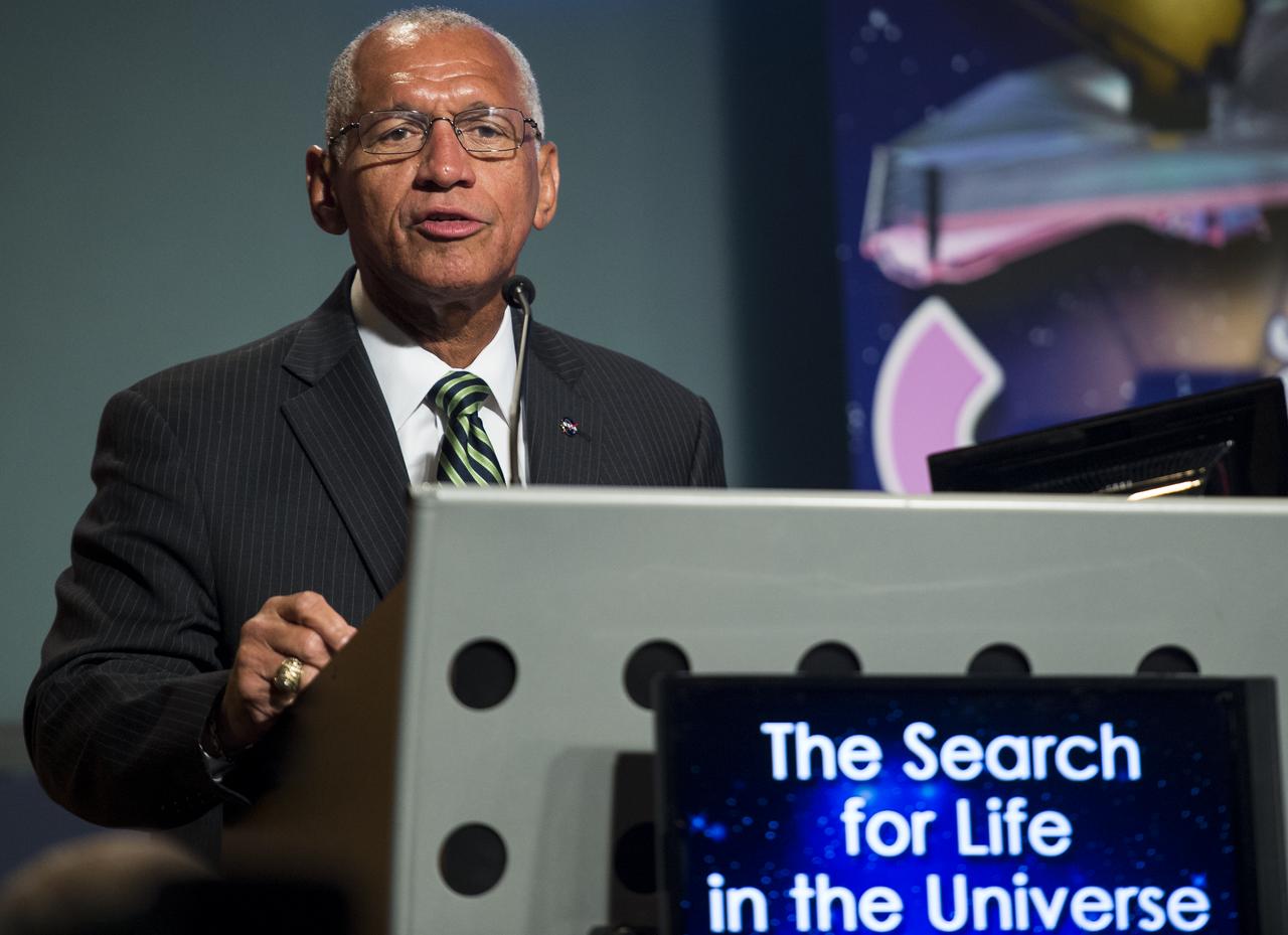 NASA Administrator Charles Bolden delivers opening remarks during a panel discussion on the search for life beyond Earth in the James E. Webb Auditorium at NASA Headquarters on Monday, July 14, 2014 in Washington, DC. The panel discussed how NASA's space-based observatories are making new discoveries and how the agency's new telescope, the James Webb Space Telescope, will continue this path of discovery after its schedule launch in 2018.   Photo Credit: (NASA/Joel Kowsky)
