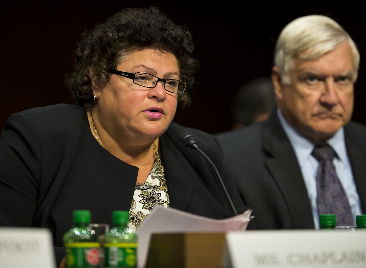 Cristina Chaplain, Director of Acquisition and Sourcing Management at the Government Accountability Office, delivers her opening statement during a hearing in front of the Senate Subcommittee on Strategic Forces and Senate Committee on Commerce, Science, and Transportation on Wednesday, July 16, 2014, at the Hart Senate Office Building in Washington, DC. The Senate hearing focused on assured access to space.