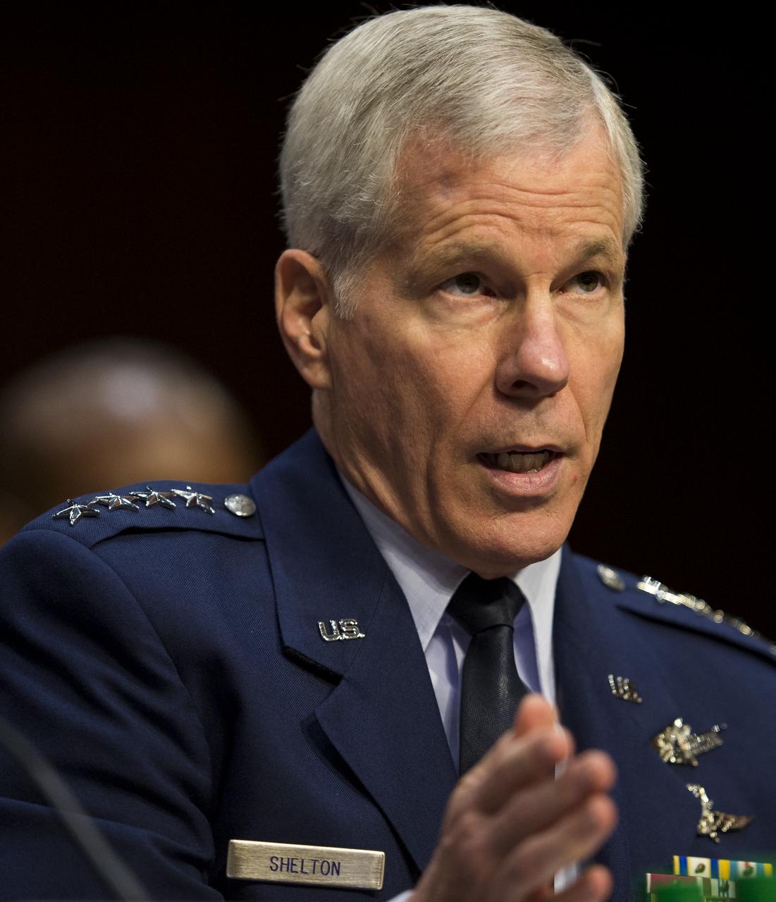 General William Sherlton, Commander of the United States Air Force Space Command, answers a question during testimony in front of the Senate Subcommittee on Strategic Forces and Senate Committee on Commerce, Science, and Transportation on Wednesday, July 16, 2014, at the Hart Senate Office Building in Washington, DC. The Senate hearing focused on assured access to space.