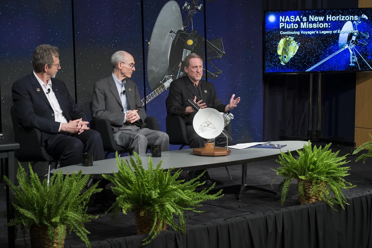 Dr. Jim Green, Dr. Ed Stone, and Dr. Alan Stern speak on a panel at the "New Horizons: The First Mission to the Pluto System and the Kuiper Belt" Event at NASA Headquarters in Washington, DC Monday, August 25, 2014. They discussed how the first images of Pluto and its moons would be captured by the New Horizons spacecraft during a five month long reconnaissance flyby study starting in the summer of 2015.  New Horizons launched on January 19, 2006 and is scheduled to make its closest approach to Pluto on July 14, 2015. Photo Credit: (NASA/Aubrey Gemignani)
