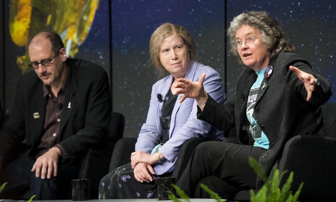 Dr. Fran Bagenal, senior scientist at the University of Colorado, far right, speaks during a panel discussion at the "NASA's New Horizons Pluto Mission: Continuing Voyager's Legacy of Exploration" event on Monday, August, 25, 2014, in the James E. Webb Auditorium at NASA Headquarters in Washington, DC.  The panelists gave their accounts of Voyager's encounter with Neptune and discussed their current assignments on NASA's New Horizons mission to Pluto.  Photo Credit: (NASA/Joel Kowsky)