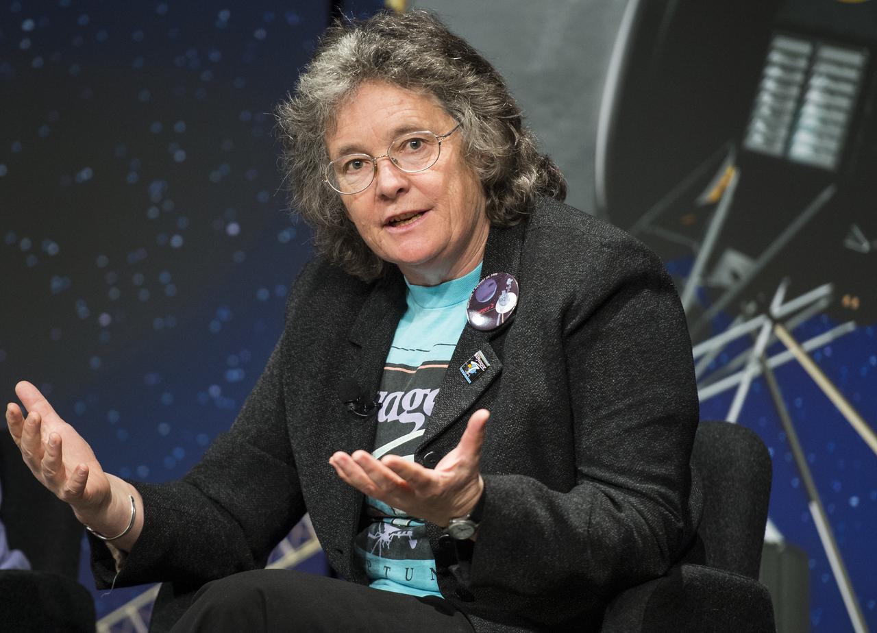 Dr. Fran Bagenal, senior scientist at the University of Colorado, speaks during a panel discussion at the "NASA's New Horizons Pluto Mission: Continuing Voyager's Legacy of Exploration" event on Monday, August, 25, 2014, in the James E. Webb Auditorium at NASA Headquarters in Washington, DC.  The panelists gave their accounts of Voyager's encounter with Neptune and discussed their current assignments on NASA's New Horizons mission to Pluto.  Photo Credit: (NASA/Joel Kowsky)
