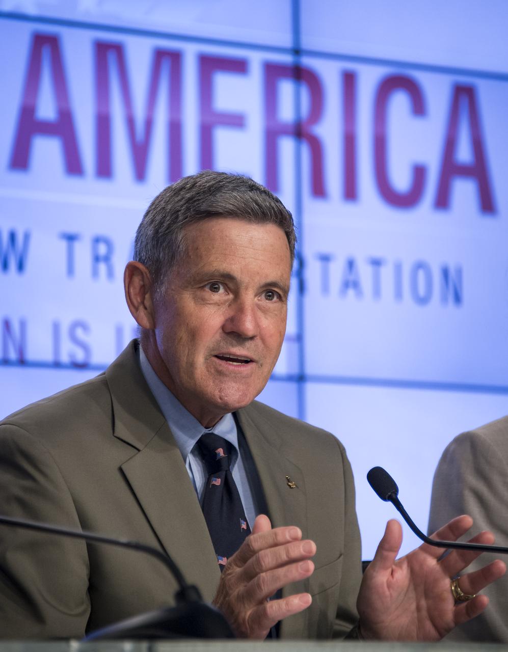 Former astronaut Bob Cabana, director of NASA's Kennedy Space Center in Florida, speaks during a news conference where it was announced that Boeing and SpaceX have been selected to transport U.S. crews to and from the International Space Station using the Boeing CST-100 and the SpaceX Crew Dragon spacecraft, at NASA’s Kennedy Space Center in Cape Canaveral, Fla. on Tuesday, Sept. 16, 2014. These Commercial Crew Transportation Capability (CCtCap) contracts are designed to complete the NASA certification for a human space transportation system capable of carrying people into orbit. Once certification is complete, NASA plans to use these systems to transport astronauts to the space station and return them safely to Earth.  Photo Credit: (NASA/Bill Ingalls)