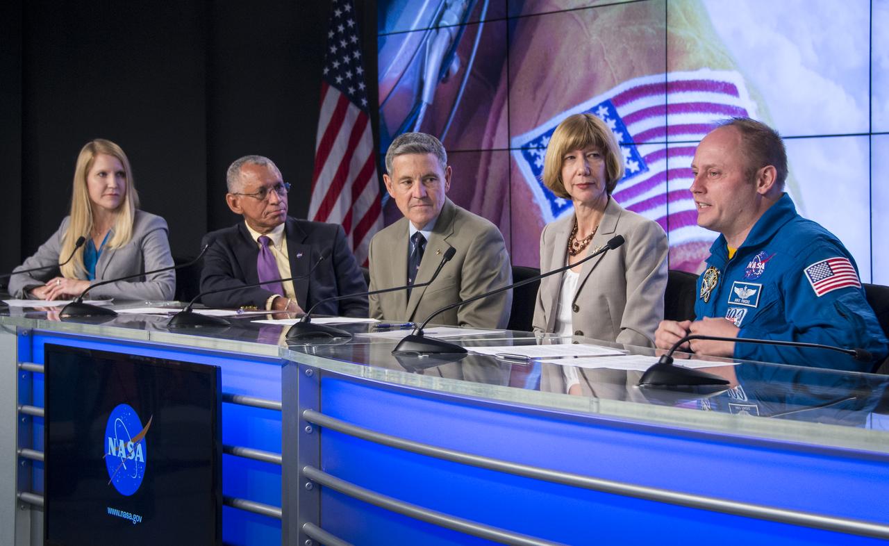From left, NASA Public Affairs Officer Stephanie Schierholz, NASA Administrator Charles Bolden, Former astronaut Bob Cabana, director of NASA's Kennedy Space Center in Florida,  Kathy Lueders, program manager of NASA's Commercial Crew Program, and Astronaut Mike Fincke, a former commander of the International Space Station, are seen during a news conference where it was announced that Boeing and SpaceX have been selected to transport U.S. crews to and from the International Space Station using the Boeing CST-100 and the SpaceX Crew Dragon spacecraft, at NASA’s Kennedy Space Center in Cape Canaveral, Fla. on Tuesday, Sept. 16, 2014. These Commercial Crew Transportation Capability (CCtCap) contracts are designed to complete the NASA certification for a human space transportation system capable of carrying people into orbit. Once certification is complete, NASA plans to use these systems to transport astronauts to the space station and return them safely to Earth.  Photo Credit: (NASA/Bill Ingalls)