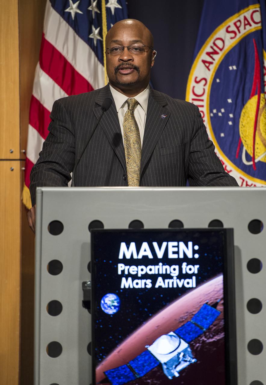 Dwayne Brown, NASA public affairs officer, moderates a media briefing where panelist outlined activities around the Sunday, Sept. 21 orbital insertion at Mars of the agency’s Mars Atmosphere and Volatile EvolutioN (MAVEN) spacecraft, Wednesday, Sept. 17, 2014 at NASA Headquarters in Washington. (Photo credit: NASA/Bill Ingalls)
