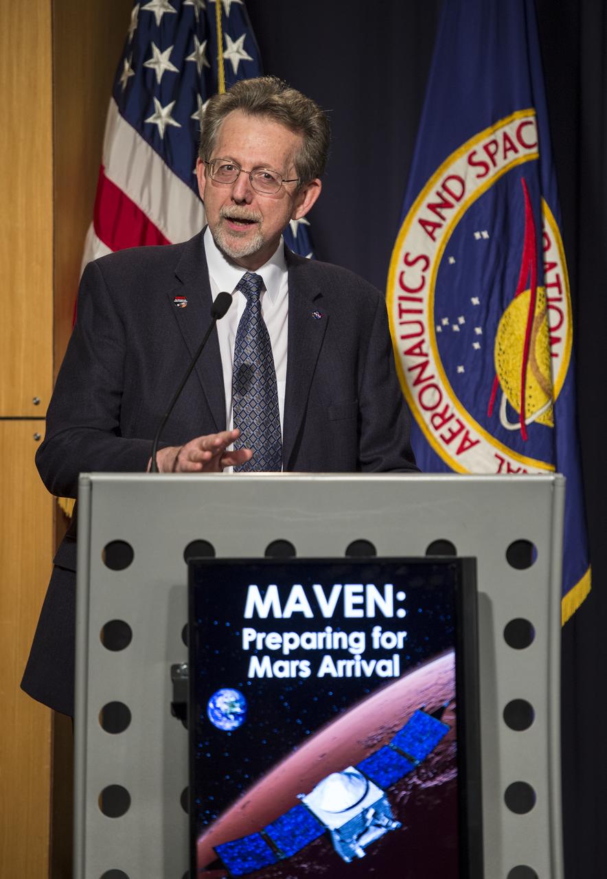 Dr. Jim Green, NASA‘s Planetary Science Division Director and Head of Mars Program, gives opening remarks at a media briefing where panelist outlined activities around the Sunday, Sept. 21 orbital insertion at Mars of the agency’s Mars Atmosphere and Volatile EvolutioN (MAVEN) spacecraft, Wednesday, Sept. 17, 2014 at NASA Headquarters in Washington. (Photo credit: NASA/Bill Ingalls)