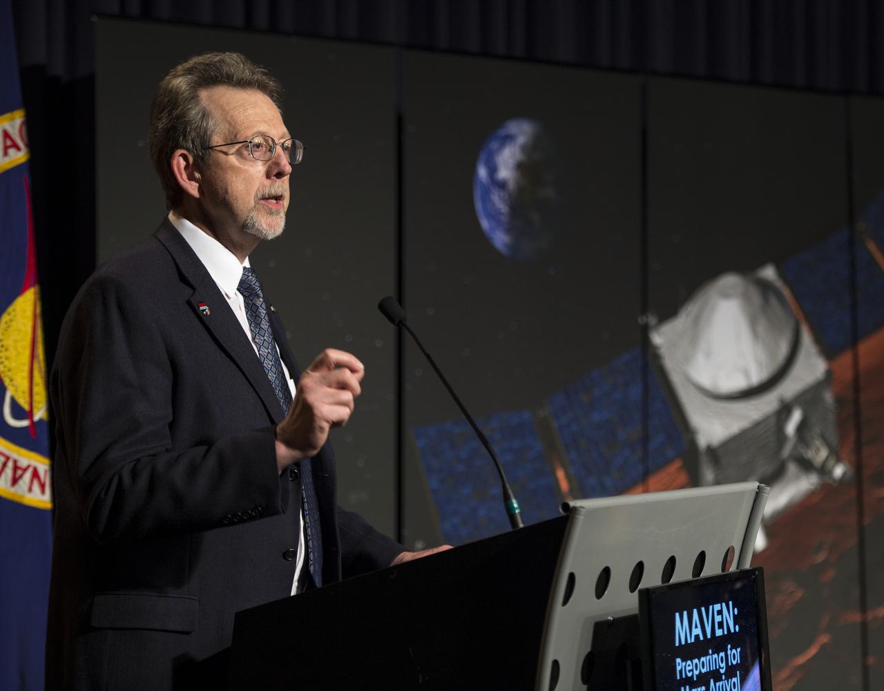 Dr. Jim Green, NASA‘s Planetary Science Division Director and Head of Mars Program, gives opening remarks at a media briefing where panelist outlined activities around the Sunday, Sept. 21 orbital insertion at Mars of the agency’s Mars Atmosphere and Volatile EvolutioN (MAVEN) spacecraft, Wednesday, Sept. 17, 2014 at NASA Headquarters in Washington. (Photo credit: NASA/Bill Ingalls)