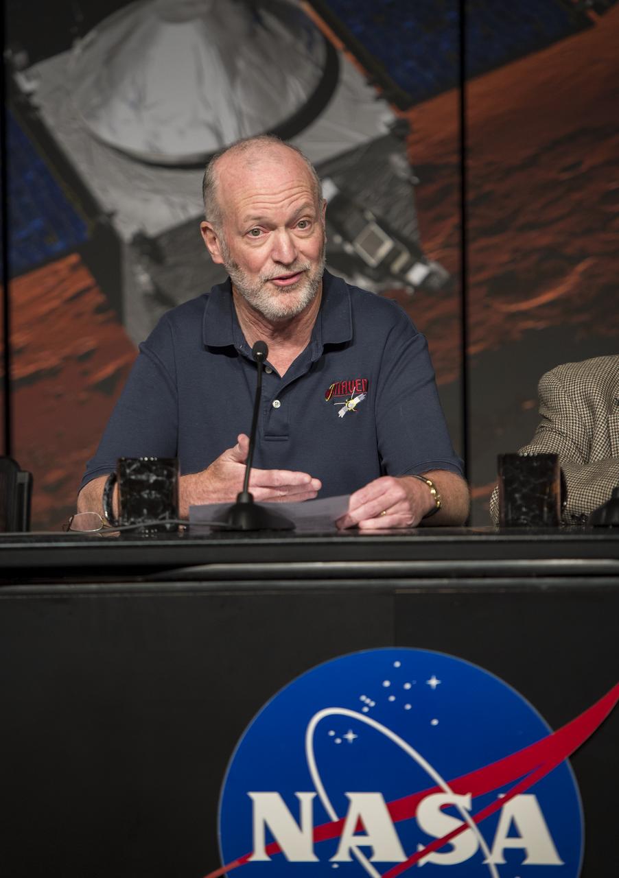 Bruce Jakosky, MAVEN principal investigator, Laboratory for Atmospheric and Space Physics, University of Colorado, Boulder, is seen during a media briefing where he and other panelist outlined activities around the Sunday, Sept. 21 orbital insertion at Mars of the agency’s Mars Atmosphere and Volatile EvolutioN (MAVEN) spacecraft, Wednesday, Sept. 17, 2014 at NASA Headquarters in Washington. (Photo credit: NASA/Bill Ingalls)