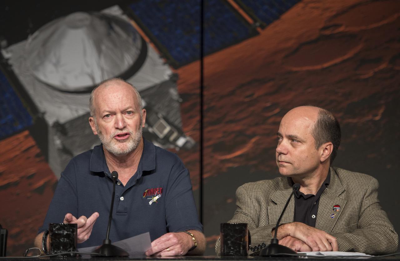Bruce Jakosky, MAVEN principal investigator, Laboratory for Atmospheric and Space Physics, University of Colorado, Boulder, left, and David Mitchell, MAVEN project manager, NASA’s Goddard Space Flight Center, Greenbelt, Maryland are seen during a media briefing where they and other panelist outlined activities around the Sunday, Sept. 21 orbital insertion at Mars of the agency’s Mars Atmosphere and Volatile EvolutioN (MAVEN) spacecraft, Wednesday, Sept. 17, 2014 at NASA Headquarters in Washington. (Photo credit: NASA/Bill Ingalls)