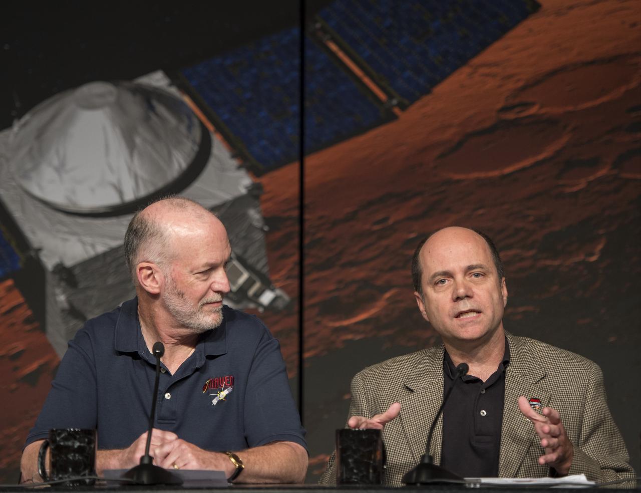 Bruce Jakosky, MAVEN principal investigator, Laboratory for Atmospheric and Space Physics, University of Colorado, Boulder, left, and David Mitchell, MAVEN project manager, NASA’s Goddard Space Flight Center, Greenbelt, Maryland are seen during a media briefing where they and other panelist outlined activities around the Sunday, Sept. 21 orbital insertion at Mars of the agency’s Mars Atmosphere and Volatile EvolutioN (MAVEN) spacecraft, Wednesday, Sept. 17, 2014 at NASA Headquarters in Washington. (Photo credit: NASA/Bill Ingalls)