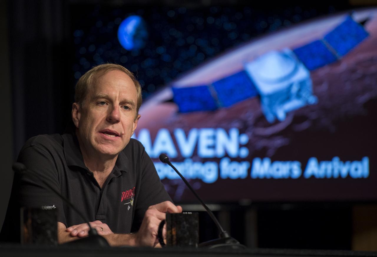 Guy Beutelschies, Lockheed Martin MAVEN program manager, Lockheed Martin Space Systems Company, Littleton, Colorado is seen during a media briefing where he and other panelist outlined activities around the Sunday, Sept. 21 orbital insertion at Mars of the agency’s Mars Atmosphere and Volatile EvolutioN (MAVEN) spacecraft, Wednesday, Sept. 17, 2014 at NASA Headquarters in Washington. (Photo credit: NASA/Bill Ingalls)