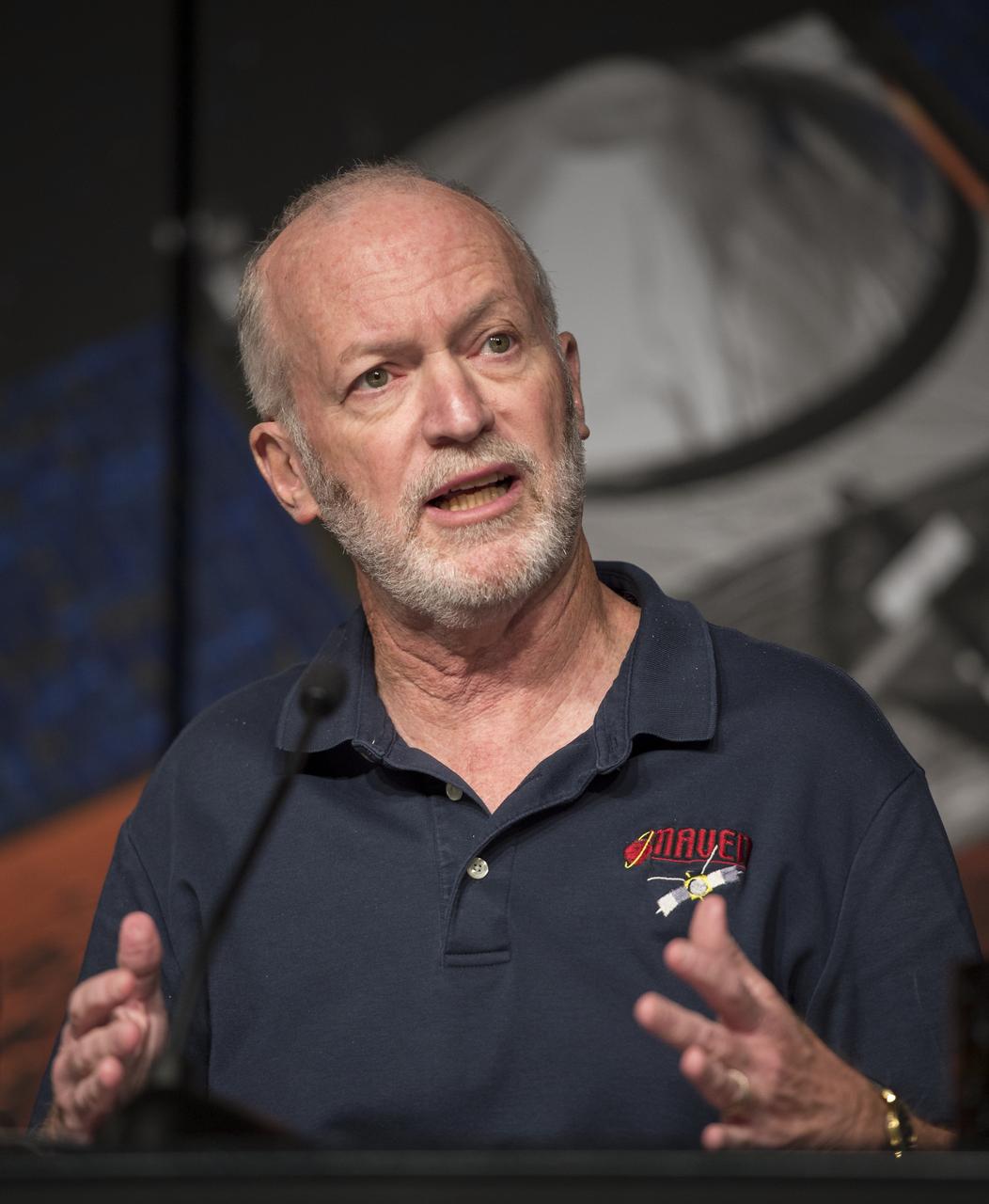 Bruce Jakosky, MAVEN principal investigator, Laboratory for Atmospheric and Space Physics, University of Colorado, Boulder, is seen during a media briefing where he and other panelist outlined activities around the Sunday, Sept. 21 orbital insertion at Mars of the agency’s Mars Atmosphere and Volatile EvolutioN (MAVEN) spacecraft, Wednesday, Sept. 17, 2014 at NASA Headquarters in Washington. (Photo credit: NASA/Bill Ingalls)
