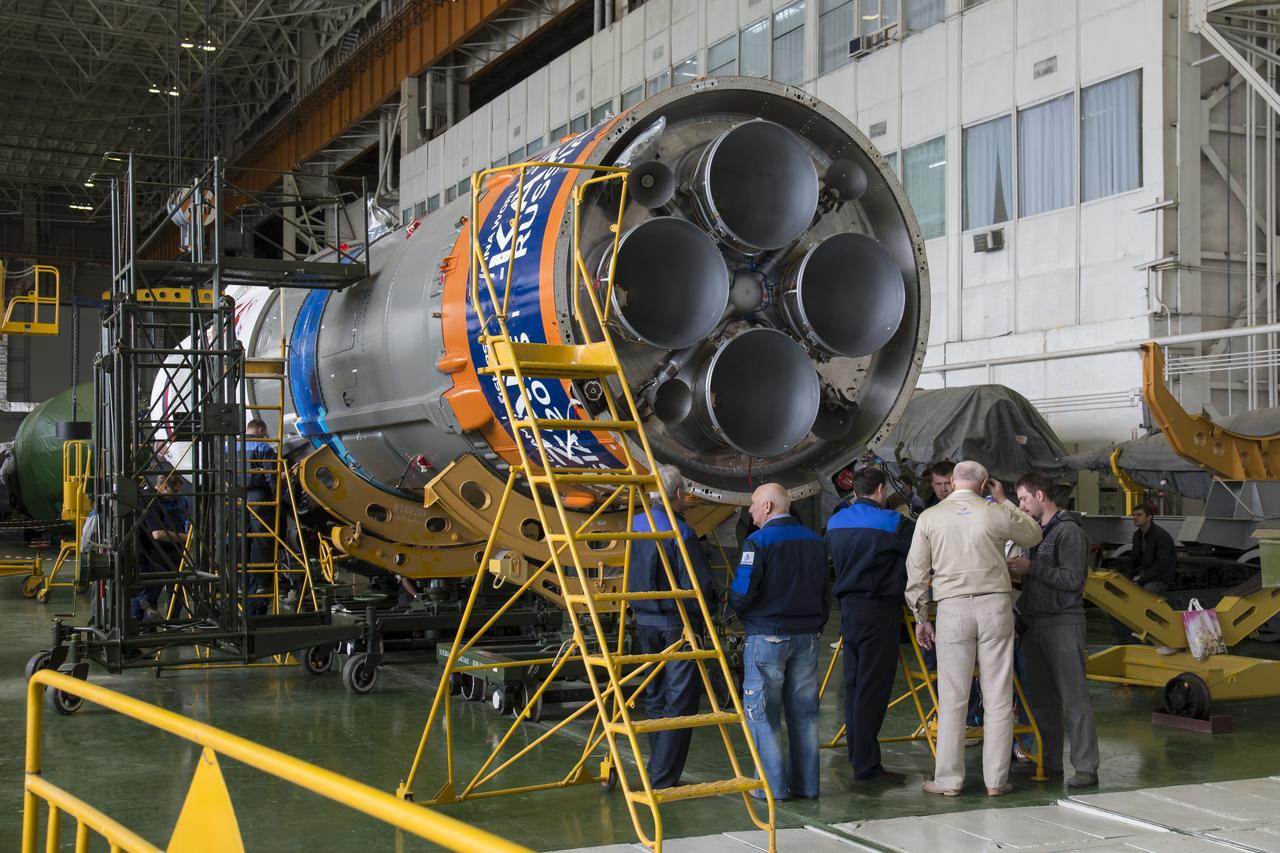 The Soyuz rocket and Soyuz TMA-14M spacecraft is assembled at Building 112 at the Baikonur Cosmodrome on Monday, Sept. 22, 2014, in Baikonur, Kazakhstan. Launch of the Soyuz is scheduled for Sept. 26 and will send Expedition 41 Soyuz Commander Alexander Samokutyaev of the Russian Federal Space Agency (Roscosmos), Flight Engineer Barry Wilmore of NASA, and Flight Engineer Elena Serova of Roscosmos to the International Space Station for a five and a half month stay. Photo Credit: (NASA/Victor Zelentsov)