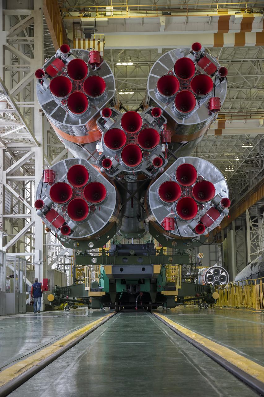 The Soyuz rocket and Soyuz TMA-14M spacecraft is assembled at Building 112 at the Baikonur Cosmodrome on Monday, Sept. 22, 2014, in Baikonur, Kazakhstan. Launch of the Soyuz is scheduled for Sept. 26 and will send Expedition 41 Soyuz Commander Alexander Samokutyaev of the Russian Federal Space Agency (Roscosmos), Flight Engineer Barry Wilmore of NASA, and Flight Engineer Elena Serova of Roscosmos to the International Space Station for a five and a half month stay. Photo Credit: (NASA/Victor Zelentsov)