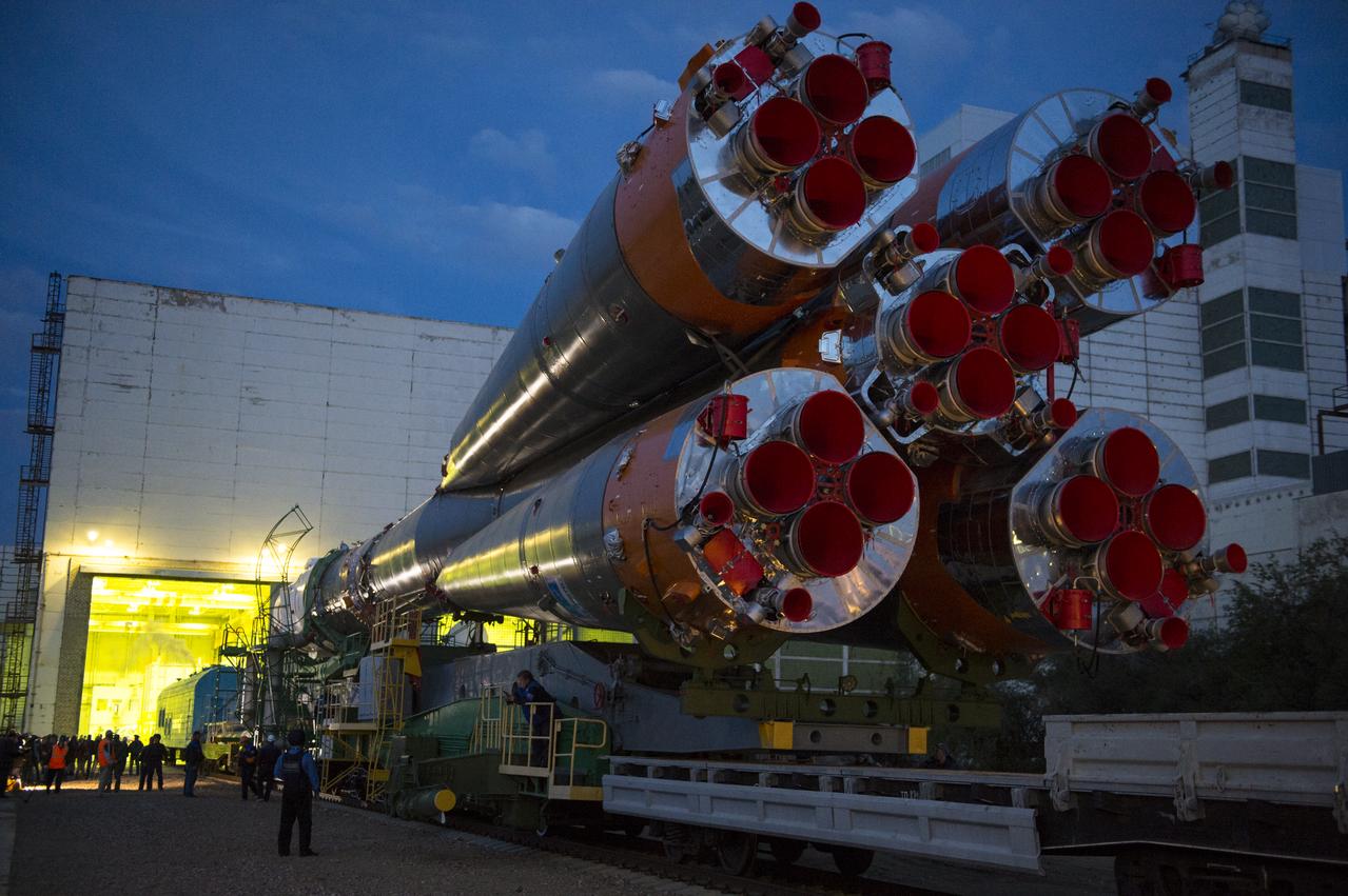 The Soyuz TMA-14M spacecraft is rolled out to the launch pad by train on Tuesday, Sept. 23, 2014 at the Baikonur Cosmodrome in Kazakhstan.  Launch of the Soyuz rocket is scheduled for Sept. 26 and will carry Expedition 41 Soyuz Commander Alexander Samokutyaev of the Russian Federal Space Agency (Roscosmos), Flight Engineer Barry Wilmore of NASA, and Flight Engineer Elena Serova of Roscosmos into orbit to begin their five and a half month mission on the International Space Station. Photo Credit: (NASA/Aubrey Gemignani)
