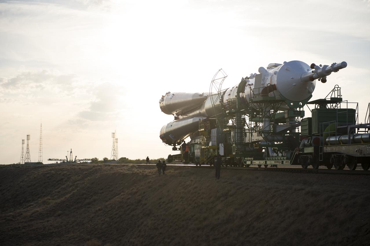 The Soyuz TMA-14M spacecraft is rolled out to the launch pad by train on Tuesday, Sept. 23, 2014 at the Baikonur Cosmodrome in Kazakhstan. Launch of the Soyuz rocket is scheduled for Sept. 26 and will carry Expedition 41 Soyuz Commander Alexander Samokutyaev of the Russian Federal Space Agency (Roscosmos), Flight Engineer Barry Wilmore of NASA, and Flight Engineer Elena Serova of Roscosmos into orbit to begin their five and a half month mission on the International Space Station. Photo Credit: (NASA/Aubrey Gemignani)