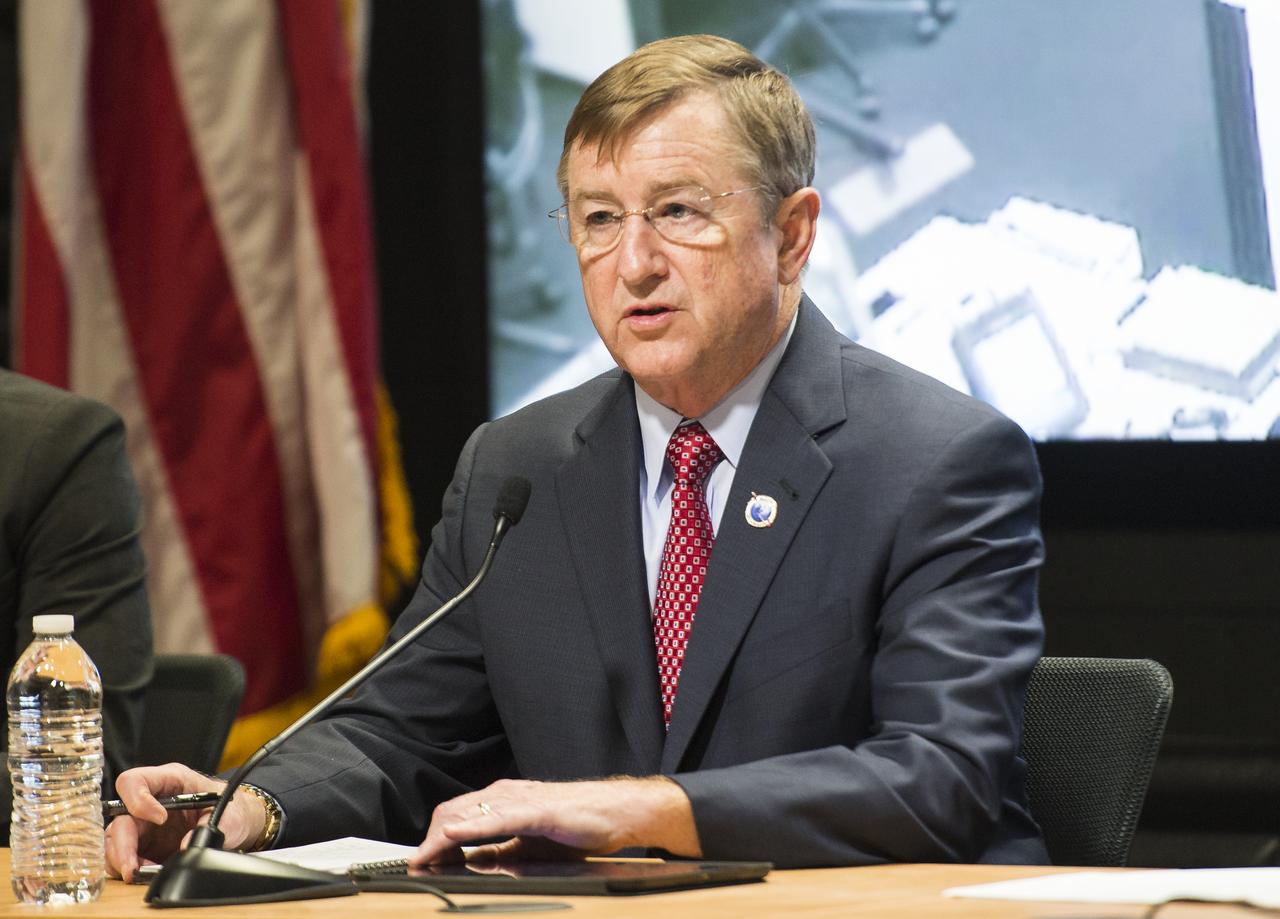 Frank Culbertson, Executive Vice President and General Manager of Advanced Program Group at Orbital Sciences Corp. is seen during a press conference held after a mishap occurred during the launch of the Antares rocket, with the Cygnus cargo spacecraft aboard, Tuesday, Oct. 28, 2014, NASA Wallops Flight Facility, Virginia. Cygnus was on its way to rendezvous with the space station. The Antares rocket lifted off to start its third resupply mission to the International Space Station, but suffered a catastrophic anomaly shortly after liftoff at 6:22 p.m. EDT. Photo Credit: (NASA/Joel Kowsky)