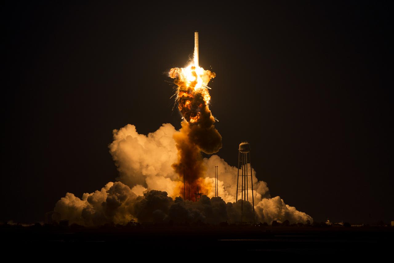 The Orbital Sciences Corporation Antares rocket, with the Cygnus spacecraft onboard suffers a catastrophic anomaly moments after launch from the Mid-Atlantic Regional Spaceport Pad 0A, Tuesday, Oct. 28, 2014, at NASA's Wallops Flight Facility in Virginia. The Cygnus spacecraft was filled with about 5,000 pounds of supplies slated for the International Space Station, including science experiments, experiment hardware, spare parts, and crew provisions. Photo Credit: (NASA/Joel Kowsky)