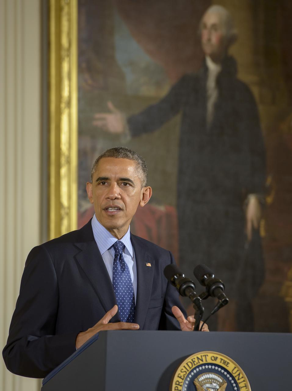 President Barack Obama delivers remarks at the National Medals of Science and National Medals of Technology and Innovation Awards Ceremony, Thursday, Nov. 20, 2014 in the East Room of the White House in Washington. MESSENGER Principal Investigator, director of Columbia University's Lamont-Doherty Earth Observatory, Sean Solomon, was awarded the National Medal of Science, the nation's top scientific honor, at the ceremony. MESSENGER (MErcury Surface, Space ENvironment, GEochemistry, and Ranging) is a NASA-sponsored scientific investigation of the planet Mercury and the first space mission designed to orbit the planet closest to the Sun. Photo Credit: (NASA/Bill Ingalls)