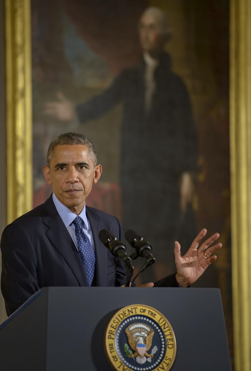 President Barack Obama delivers remarks at the National Medals of Science and National Medals of Technology and Innovation Awards Ceremony, Thursday, Nov. 20, 2014 in the East Room of the White House in Washington. MESSENGER Principal Investigator, director of Columbia University's Lamont-Doherty Earth Observatory, Sean Solomon, was awarded the National Medal of Science, the nation's top scientific honor, at the ceremony. MESSENGER (MErcury Surface, Space ENvironment, GEochemistry, and Ranging) is a NASA-sponsored scientific investigation of the planet Mercury and the first space mission designed to orbit the planet closest to the Sun. Photo Credit: (NASA/Bill Ingalls)