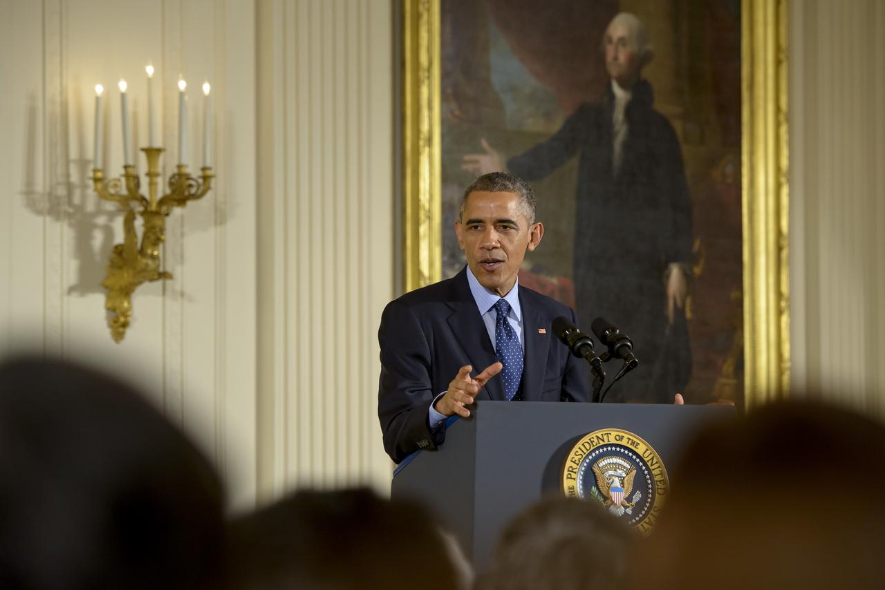 President Barack Obama delivers remarks at the National Medals of Science and National Medals of Technology and Innovation Awards Ceremony, Thursday, Nov. 20, 2014 in the East Room of the White House in Washington. MESSENGER Principal Investigator, director of Columbia University's Lamont-Doherty Earth Observatory, Sean Solomon, was awarded the National Medal of Science, the nation's top scientific honor, at the ceremony. MESSENGER (MErcury Surface, Space ENvironment, GEochemistry, and Ranging) is a NASA-sponsored scientific investigation of the planet Mercury and the first space mission designed to orbit the planet closest to the Sun. Photo Credit: (NASA/Bill Ingalls)