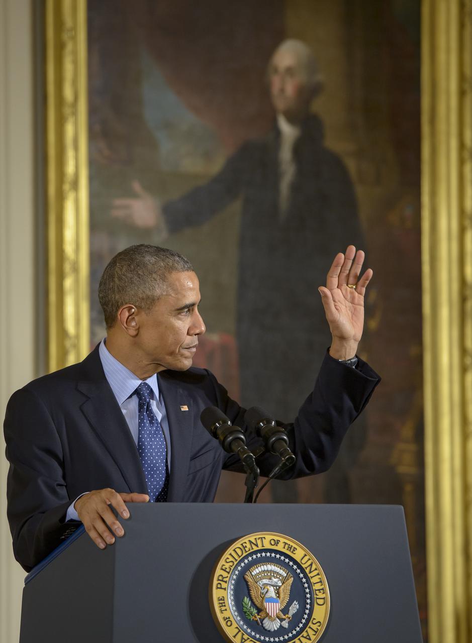 President Barack Obama delivers remarks at the National Medals of Science and National Medals of Technology and Innovation Awards Ceremony, Thursday, Nov. 20, 2014 in the East Room of the White House in Washington. MESSENGER Principal Investigator, director of Columbia University's Lamont-Doherty Earth Observatory, Sean Solomon, was awarded the National Medal of Science, the nation's top scientific honor, at the ceremony. MESSENGER (MErcury Surface, Space ENvironment, GEochemistry, and Ranging) is a NASA-sponsored scientific investigation of the planet Mercury and the first space mission designed to orbit the planet closest to the Sun. Photo Credit: (NASA/Bill Ingalls)