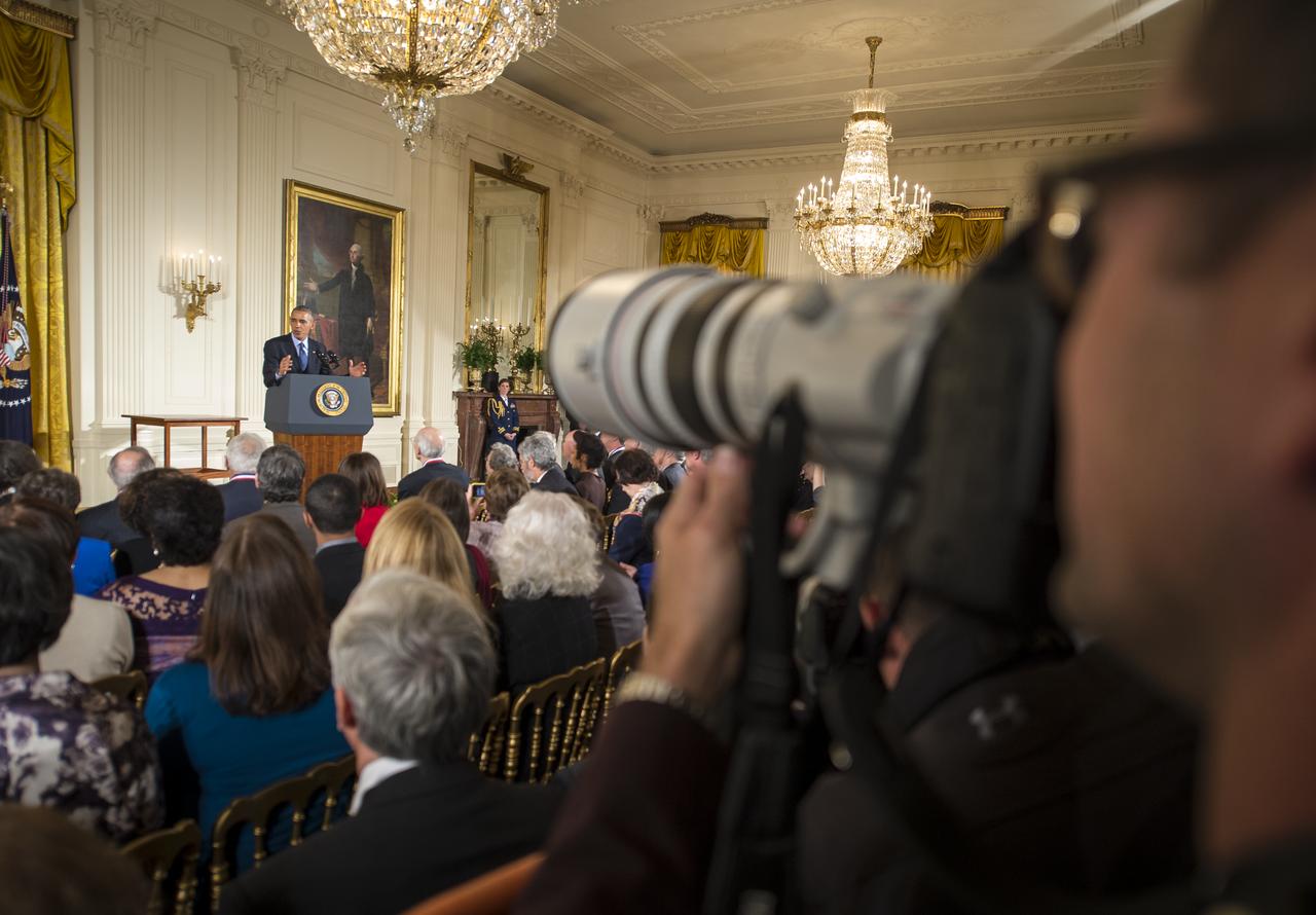 President Barack Obama delivers remarks at the National Medals of Science and National Medals of Technology and Innovation Awards Ceremony, Thursday, Nov. 20, 2014 in the East Room of the White House in Washington. MESSENGER Principal Investigator, director of Columbia University's Lamont-Doherty Earth Observatory, Sean Solomon, was awarded the National Medal of Science, the nation's top scientific honor, at the ceremony. MESSENGER (MErcury Surface, Space ENvironment, GEochemistry, and Ranging) is a NASA-sponsored scientific investigation of the planet Mercury and the first space mission designed to orbit the planet closest to the Sun. Photo Credit: (NASA/Bill Ingalls)