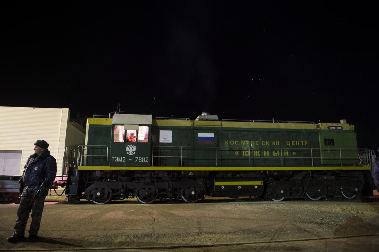 The Soyuz rocket is prepared to be rolled out by train to the launch pad on Friday, Nov. 21, 2014 at the Baikonur Cosmodrome in Kazakhstan. The Soyuz TMA-15M spacecraft, scheduled to launch Nov. 24, will carry Expedition 42 Soyuz Commander Anton Shkaplerov of the Russian Federal Space Agency (Roscosmos), Flight Engineer Terry Virts of NASA , and Flight Engineer Samantha Cristoforetti of the European Space Agency into orbit to begin their five and a half month mission on the International Space Station. Photo Credit: (NASA/Aubrey Gemignani)