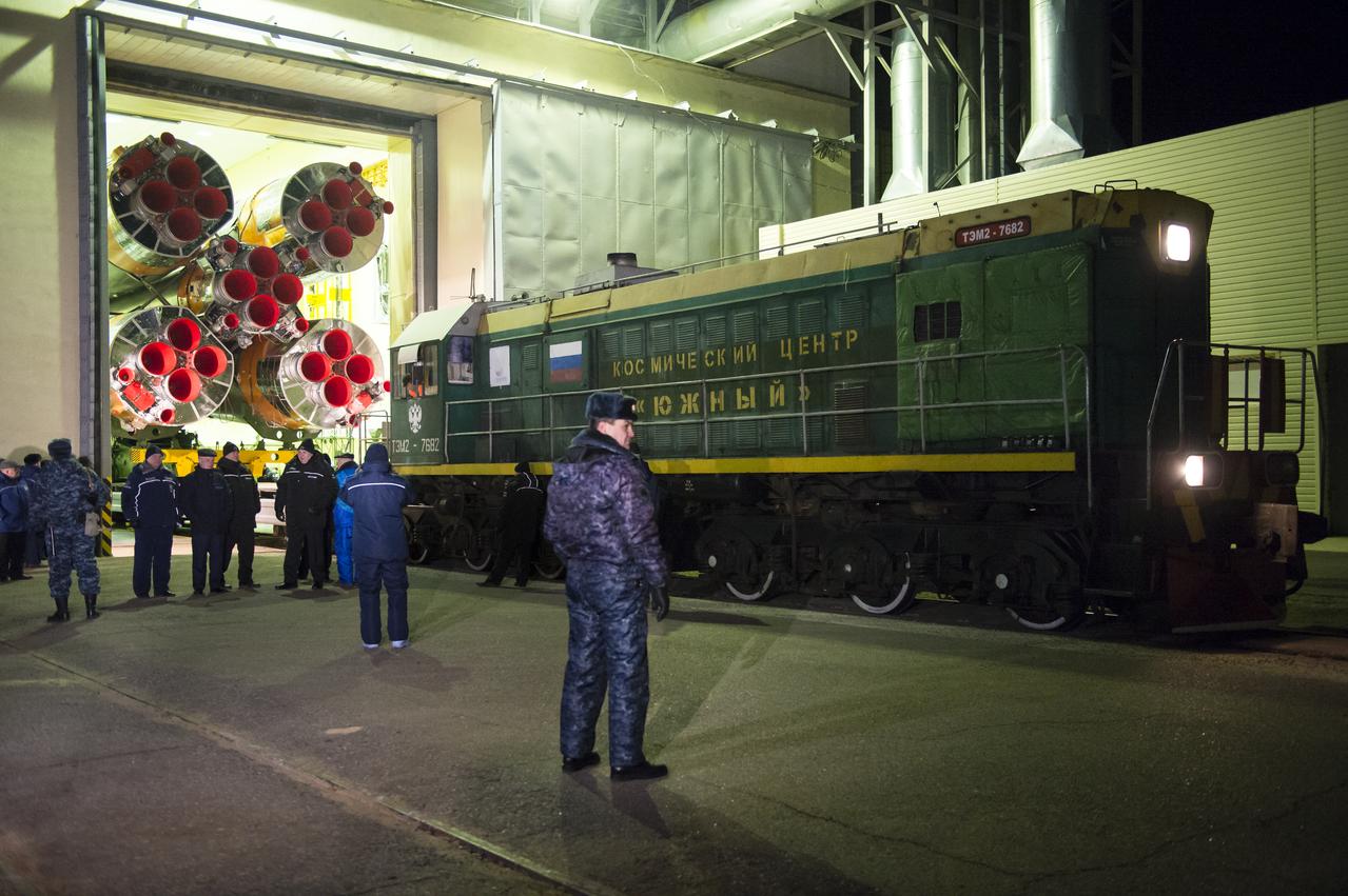 The Soyuz TMA-15M spacecraft is rolled out to the launch pad by train on Friday, Nov. 21, 2014 at the Baikonur Cosmodrome in Kazakhstan.  Launch of the Soyuz rocket is scheduled for Nov. 24 and will carry Expedition 42 Soyuz Commander Anton Shkaplerov of the Russian Federal Space Agency (Roscosmos), Flight Engineer Terry Virts of NASA , and Flight Engineer Samantha Cristoforetti of the European Space Agency into orbit to begin their five and a half month mission on the International Space Station. Photo Credit: (NASA/Aubrey Gemignani)
