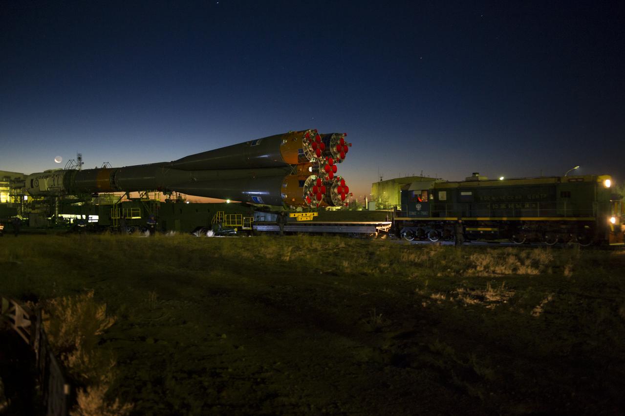 The Soyuz TMA-15M spacecraft is rolled out to the launch pad by train on Friday, Nov. 21, 2014 at the Baikonur Cosmodrome in Kazakhstan.  Launch of the Soyuz rocket is scheduled for Nov. 24 and will carry Expedition 42 Soyuz Commander Anton Shkaplerov of the Russian Federal Space Agency (Roscosmos), Flight Engineer Terry Virts of NASA , and Flight Engineer Samantha Cristoforetti of the European Space Agency into orbit to begin their five and a half month mission on the International Space Station. Photo Credit: (NASA/Aubrey Gemignani)