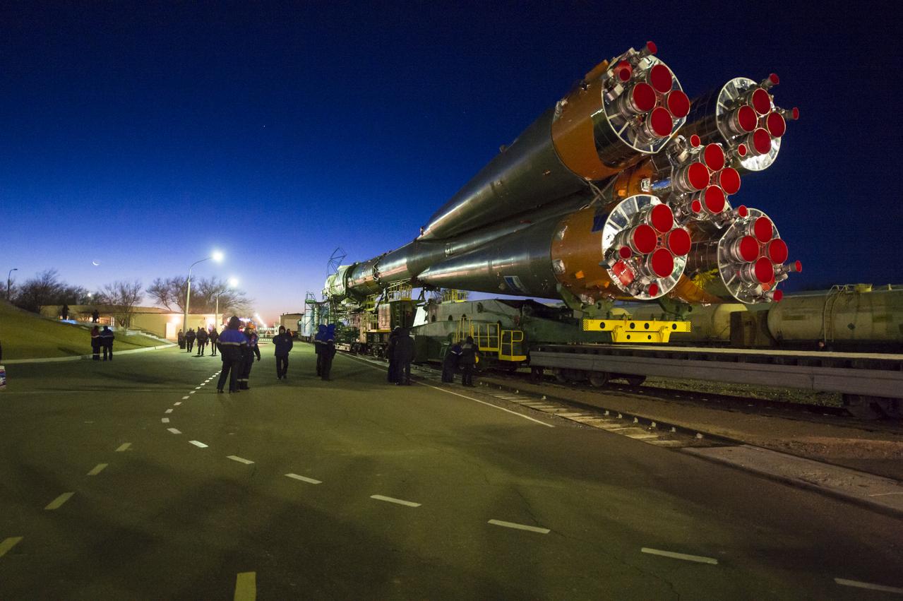The Soyuz TMA-15M spacecraft is rolled out to the launch pad by train on Friday, Nov. 21, 2014 at the Baikonur Cosmodrome in Kazakhstan.  Launch of the Soyuz rocket is scheduled for Nov. 24 and will carry Expedition 42 Soyuz Commander Anton Shkaplerov of the Russian Federal Space Agency (Roscosmos), Flight Engineer Terry Virts of NASA , and Flight Engineer Samantha Cristoforetti of the European Space Agency into orbit to begin their five and a half month mission on the International Space Station. Photo Credit: (NASA/Aubrey Gemignani)