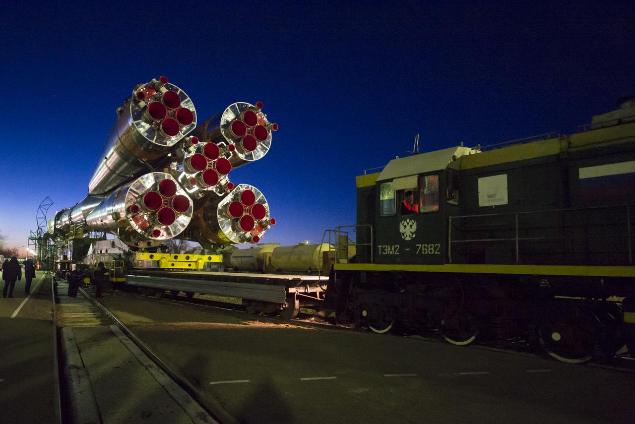 The Soyuz TMA-15M spacecraft is rolled out to the launch pad by train on Friday, Nov. 21, 2014 at the Baikonur Cosmodrome in Kazakhstan.  Launch of the Soyuz rocket is scheduled for Nov. 24 and will carry Expedition 42 Soyuz Commander Anton Shkaplerov of the Russian Federal Space Agency (Roscosmos), Flight Engineer Terry Virts of NASA , and Flight Engineer Samantha Cristoforetti of the European Space Agency into orbit to begin their five and a half month mission on the International Space Station. Photo Credit: (NASA/Aubrey Gemignani)