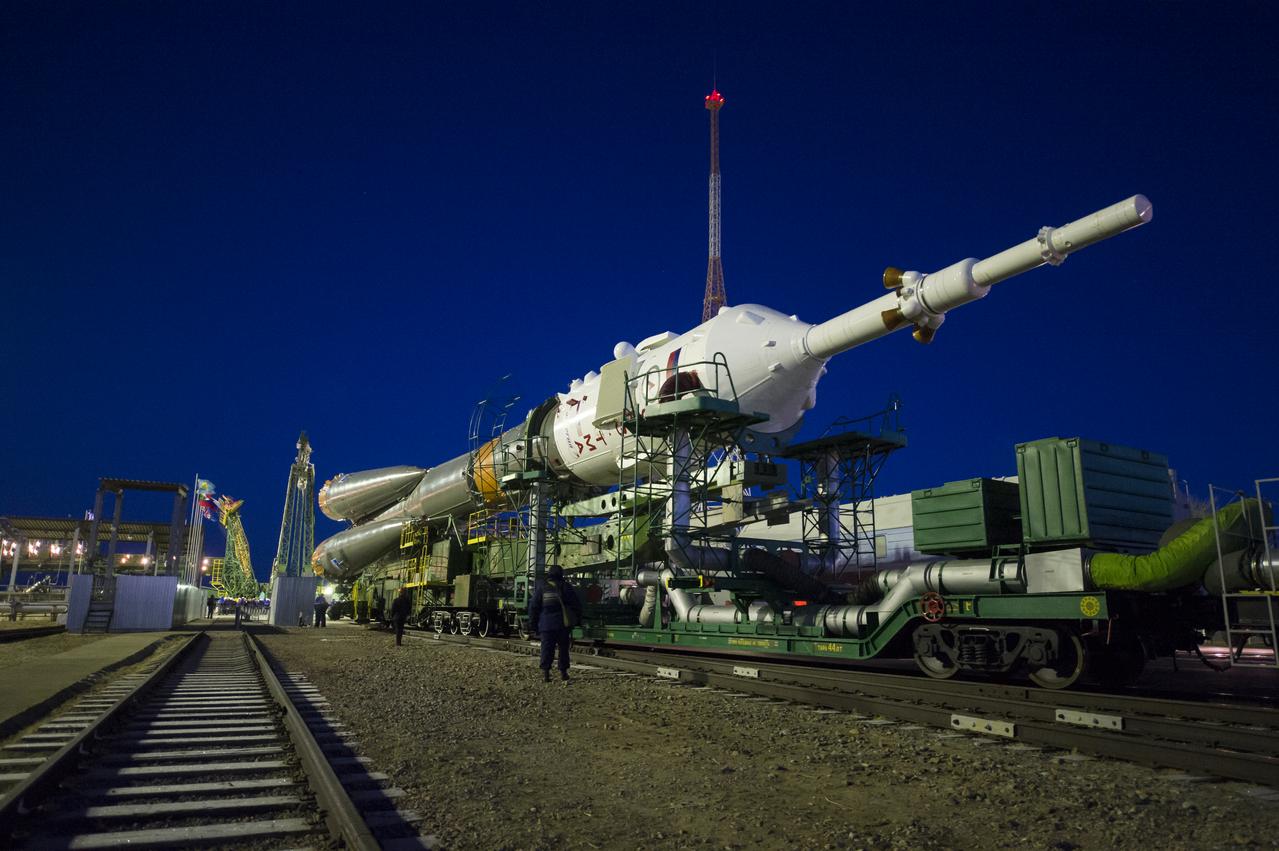 The Soyuz TMA-15M spacecraft is rolled out to the launch pad by train on Friday, Nov. 21, 2014 at the Baikonur Cosmodrome in Kazakhstan.  Launch of the Soyuz rocket is scheduled for Nov. 24 and will carry Expedition 42 Soyuz Commander Anton Shkaplerov of the Russian Federal Space Agency (Roscosmos), Flight Engineer Terry Virts of NASA , and Flight Engineer Samantha Cristoforetti of the European Space Agency into orbit to begin their five and a half month mission on the International Space Station. Photo Credit: (NASA/Aubrey Gemignani)