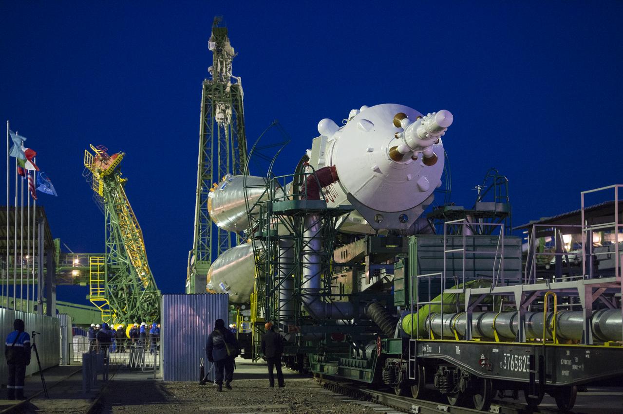 The Soyuz TMA-15M spacecraft is rolled out to the launch pad by train on Friday, Nov. 21, 2014 at the Baikonur Cosmodrome in Kazakhstan.  Launch of the Soyuz rocket is scheduled for Nov. 24 and will carry Expedition 42 Soyuz Commander Anton Shkaplerov of the Russian Federal Space Agency (Roscosmos), Flight Engineer Terry Virts of NASA , and Flight Engineer Samantha Cristoforetti of the European Space Agency into orbit to begin their five and a half month mission on the International Space Station. Photo Credit: (NASA/Aubrey Gemignani)