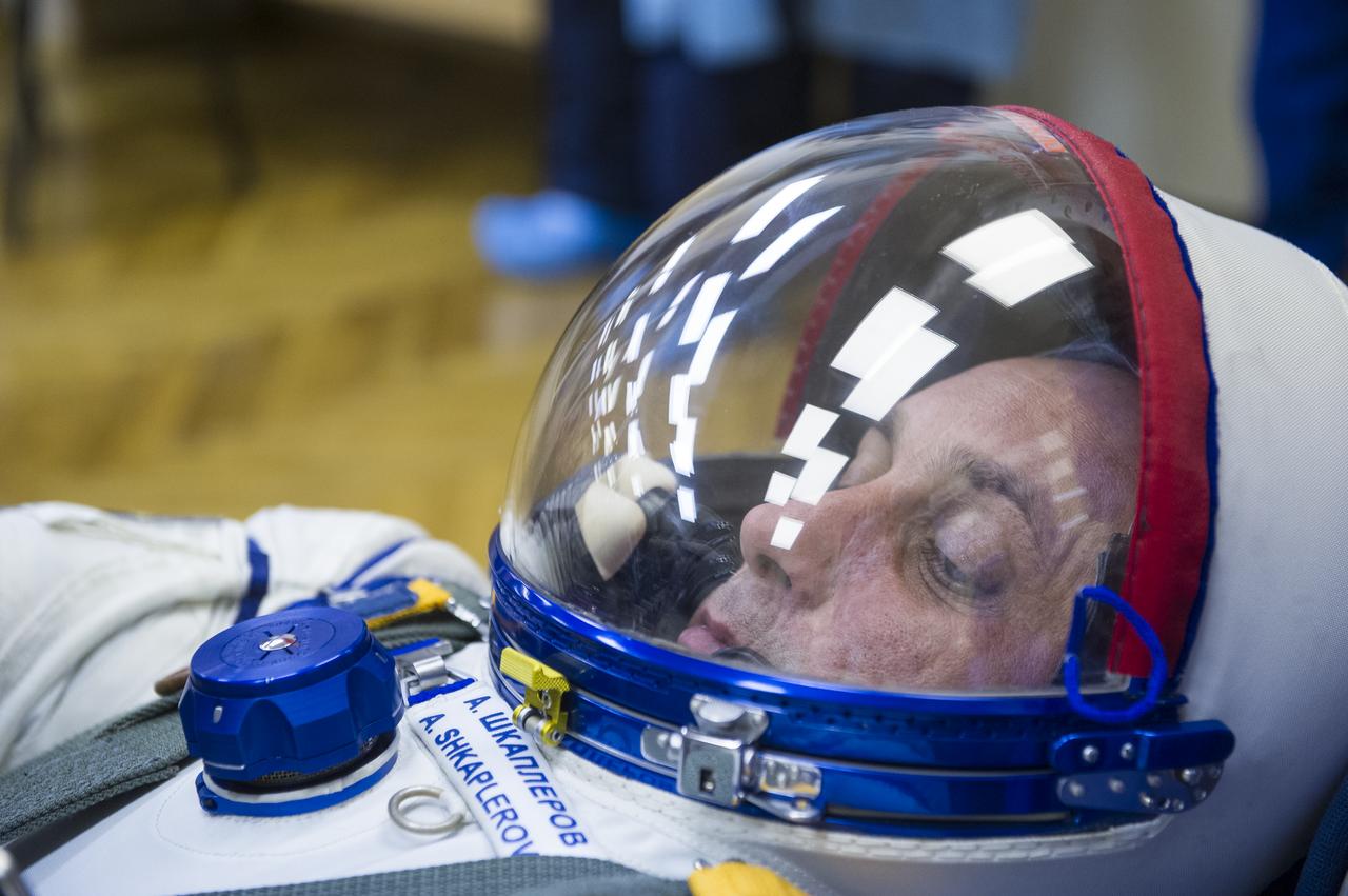 Expedition 42 Soyuz Commander Anton Shkaplerov of the Russian Federal Space Agency (Roscosmos) has his Russian Sokol suit pressure checked in preparation for his launch aboard the Soyuz TMA-15M spacecraft on Sunday, Nov. 23, 2014, at Building 254 in the Baikonur Cosmodrome in Baikonur, Kazakhstan. Launch of the Soyuz rocket is scheduled for the early hours of Nov. 24 and will carry Shkaplerov and fellow crewmates, Flight Engineers Terry Virts of NASA and Samantha Cristoforetti of the European Space Agency (ESA) into orbit to begin their five and a half month mission on the International Space Station. Photo Credit: (NASA/GCTC/Andrey Shelepin)