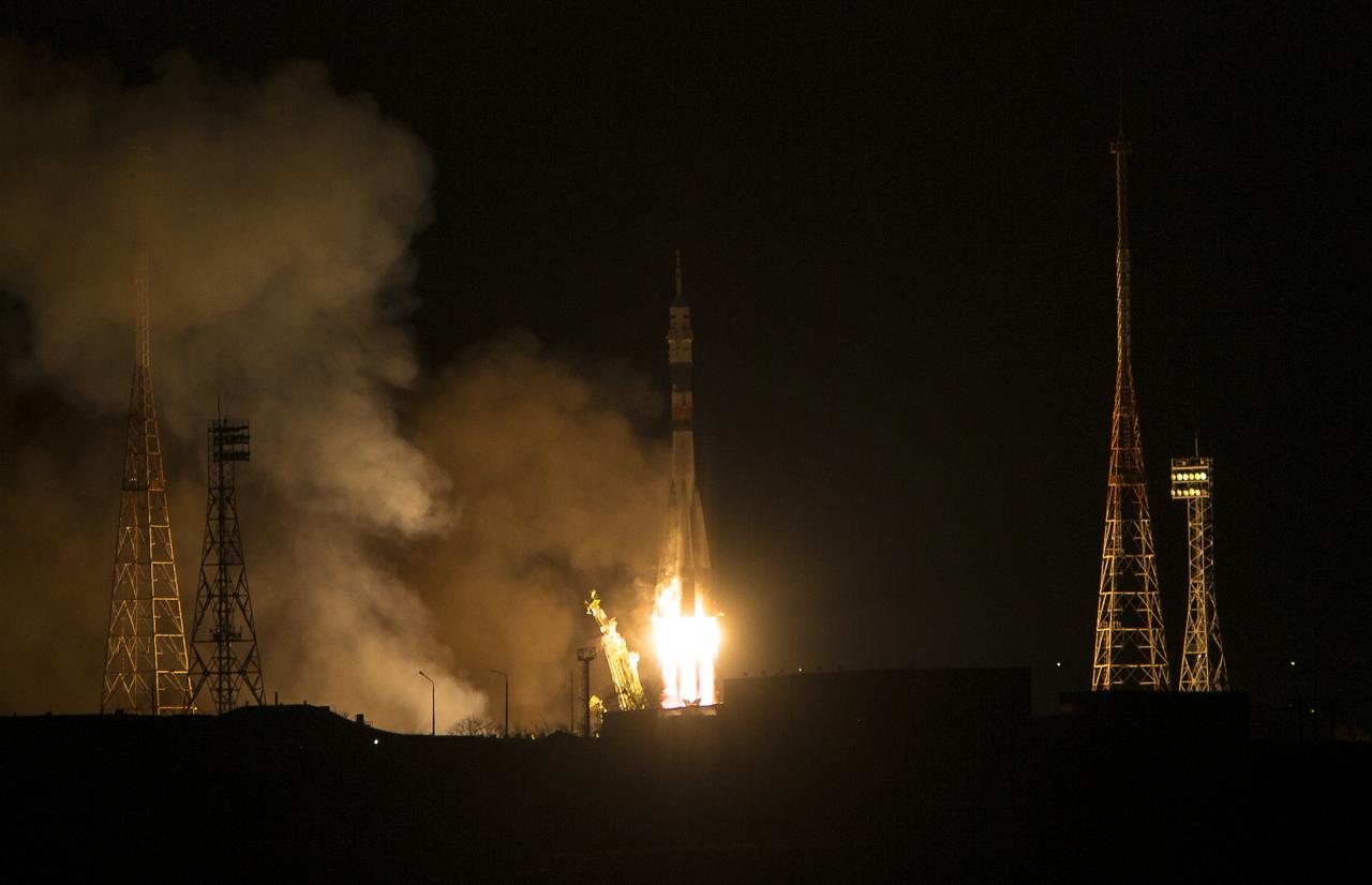 The Soyuz TMA-15M rocket launches from the Baikonur Cosmodrome in Kazakhstan on Monday, Nov. 24, 2014 carrying Expedition 42 Soyuz Commander Anton Shkaplerov of the Russian Federal Space Agency (Roscosmos), Flight Engineer Terry Virts of NASA, and Flight Engineer Samantha Cristoforetti of the European Space Agency (ESA) into orbit to begin their five and a half month mission on the International Space Station. (Photo Credit: NASA/Aubrey Gemignani)