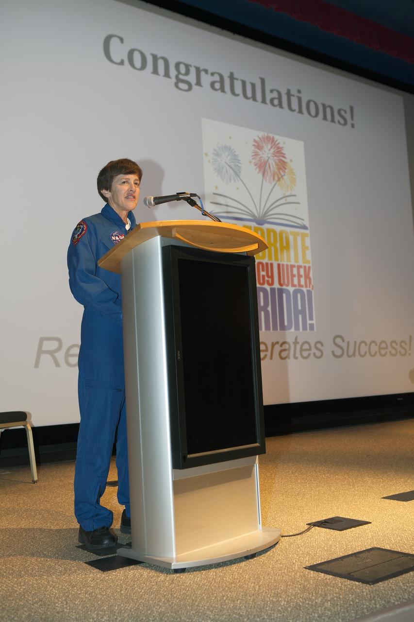 CAPE CANAVERAL, Fla. – Former NASA astronaut Wendy Lawrence speaks to students, parents and guests inside the Astronaut Encounter Theater at NASA’s Kennedy Space Center in Florida during the 2015 Celebrate Literacy Week Florida PSA Awards program. The event, hosted by the Florida Department of Education, announced the winners from elementary, middle school and high school students that best encouraged literacy and its connection to space careers. Photo credit: NASA/Ben Smegelsky